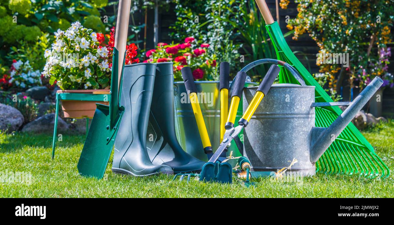 Outils de jardinage sur l'herbe dans le jardin. Banque D'Images
