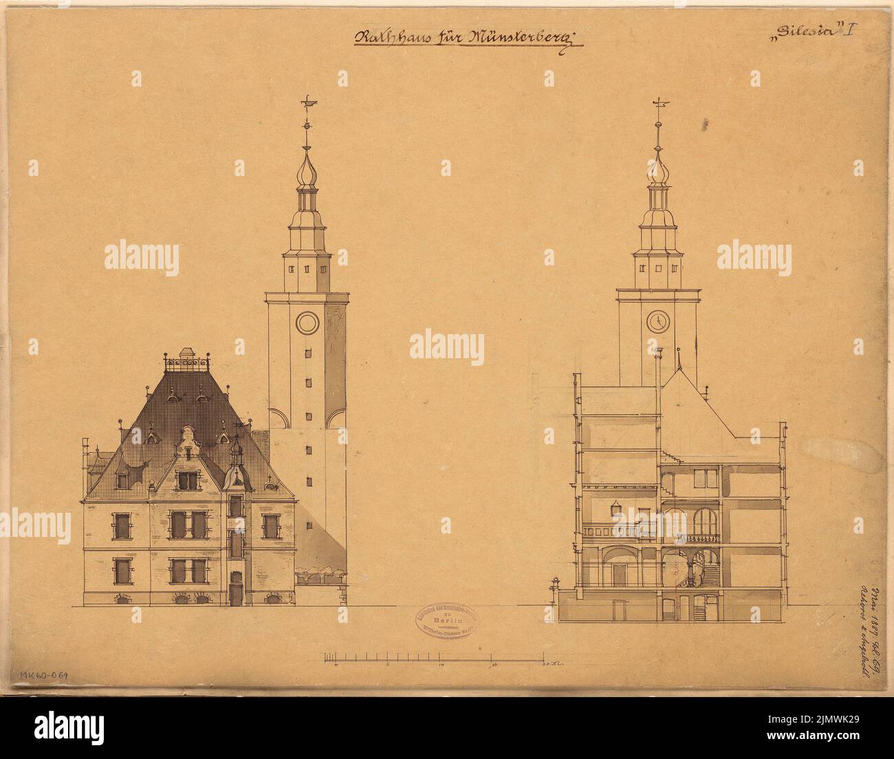 Rehorst & Angelroth, Rathaus Münsterberg. Compétition mensuelle avril 1887 (04,1887) : vue latérale du RISS, coupe transversale ; barre d'échelle. Tuche aquarelle sur transparent, 44,5 x 57 cm (y compris les bords du scan) Rehorst & Angelroth : Rathaus, Münsterberg. Monatskonkurrenz avril 1887 Banque D'Images