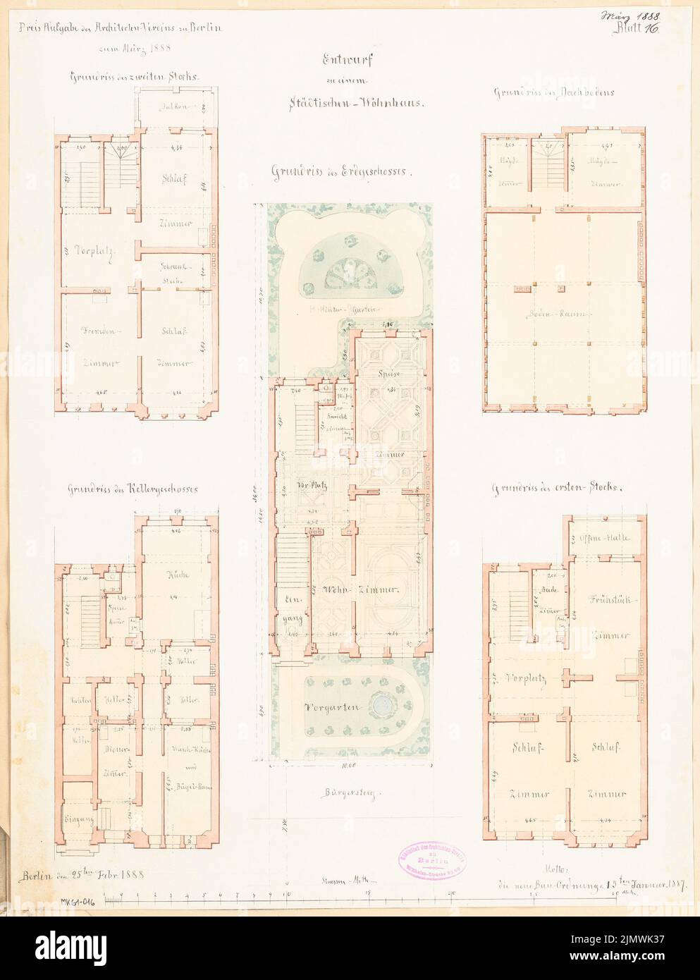 Architecte inconnu, immeuble résidentiel urbain à Berlin. Compétition mensuelle Mars 1888 (03,1888): Plan de montage avec plan d'étage rez-de-chaussée, sous-sol, 1st et 2nd étages, grenier; barre d'échelle. Tuche aquarelle sur la boîte, 55,5 x 42,4 cm (y compris les bords de numérisation) N.N. : Städtisches Wohnhaus, Berlin. Monatskonkurrenz März 1888 Banque D'Images