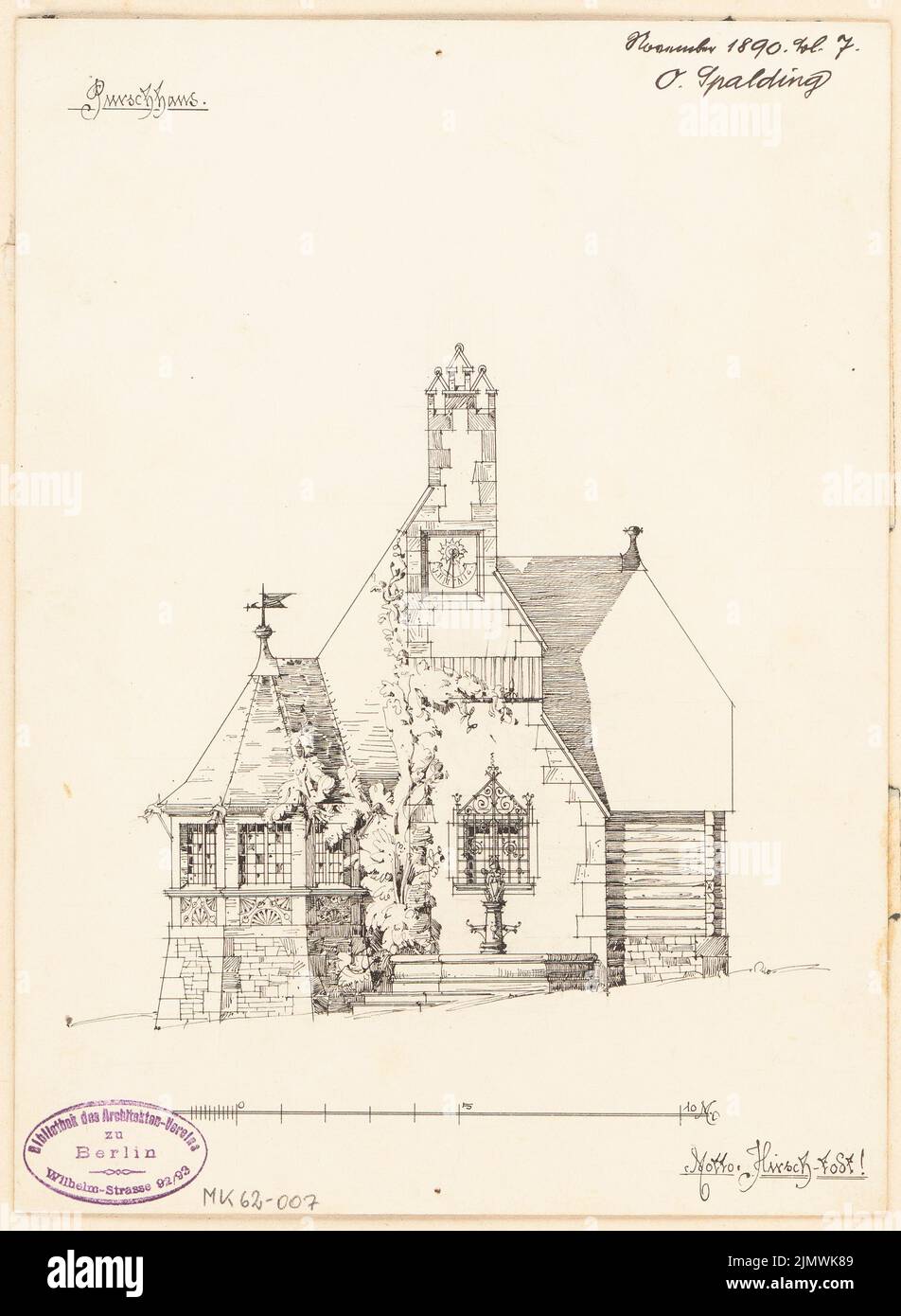 Spalding Otto (1863-1945), Pirschhaus. Compétition mensuelle novembre 1890 (11,1890) : vue latérale du RISS (avec puits) ; barre d'échelle. Encre sur carton, 27,3 x 20 cm (y compris les bords de balayage) Spalding Otto (1863-1945): Pirschhaus. Monatskonkurrenz novembre 1890 Banque D'Images