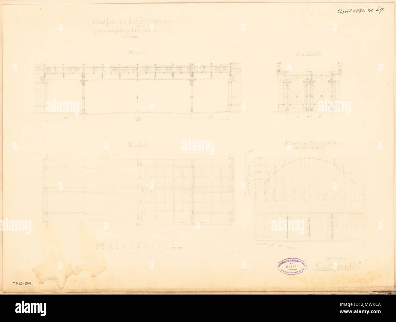 Architecte inconnu, passage souterrain. Compétition mensuelle avril 1891 (04,1891): Plan d'étage, vue latérale verticale, section 1: 100; dessin de construction; barre d'échelle. Crayon sur carton, 40,8 x 55 cm (y compris les bords de numérisation) N. : Strößenunterführung. Monatskonkurrenz avril 1891 Banque D'Images