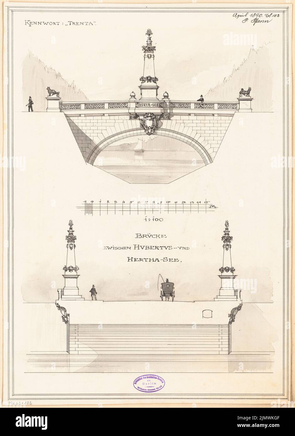 Pfann Paul (1860-1919), pont Hubertus dans la colonie de villas Berlin-Grunewald. Compétition mensuelle avril 1890 (04,1890) : vue latérale du RISS, section 1 : 100 ; barre d'échelle. Tuche aquarelle sur la boîte, 53,5 x 38,8 cm (y compris les bords de balayage) Pfann Paul (1860-1919): Hubertus-Brücke in der Villenkolonie Berlin-Grunewald. Monatskonkurrenz avril 1890 Banque D'Images