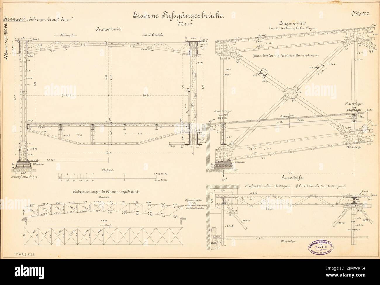 Architecte inconnu, Eiserner Steg. Compétition mensuelle février 1892 (02,1892): Plan d'étage (extrait), section longitudinale (encolure), coupe transversale, schéma de conception; 2 bandes d'échelle. Encre sur carton, 40,7 x 59,6 cm (y compris les bords de numérisation) N.N. : Eiserner Steg. Monatskonkurrenz février 1892 Banque D'Images