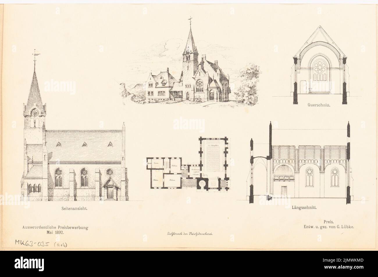 Lübke Georg (1859-1924), Église évangélique de Conz près de Trèves. Compétition mensuelle Mai 1892 (05,1892): Plan d'étage rez-de-chaussée, vue latérale, section longitudinale, coupe transversale (autel de direction), vue perspective. Pression légère, 19,2 x 29 cm (y compris les bords de balayage) Lübke Georg (1859-1924): Evangelische Kirche, Conz BEI Trier. Monatskonkurrenz Mai 1892 Banque D'Images