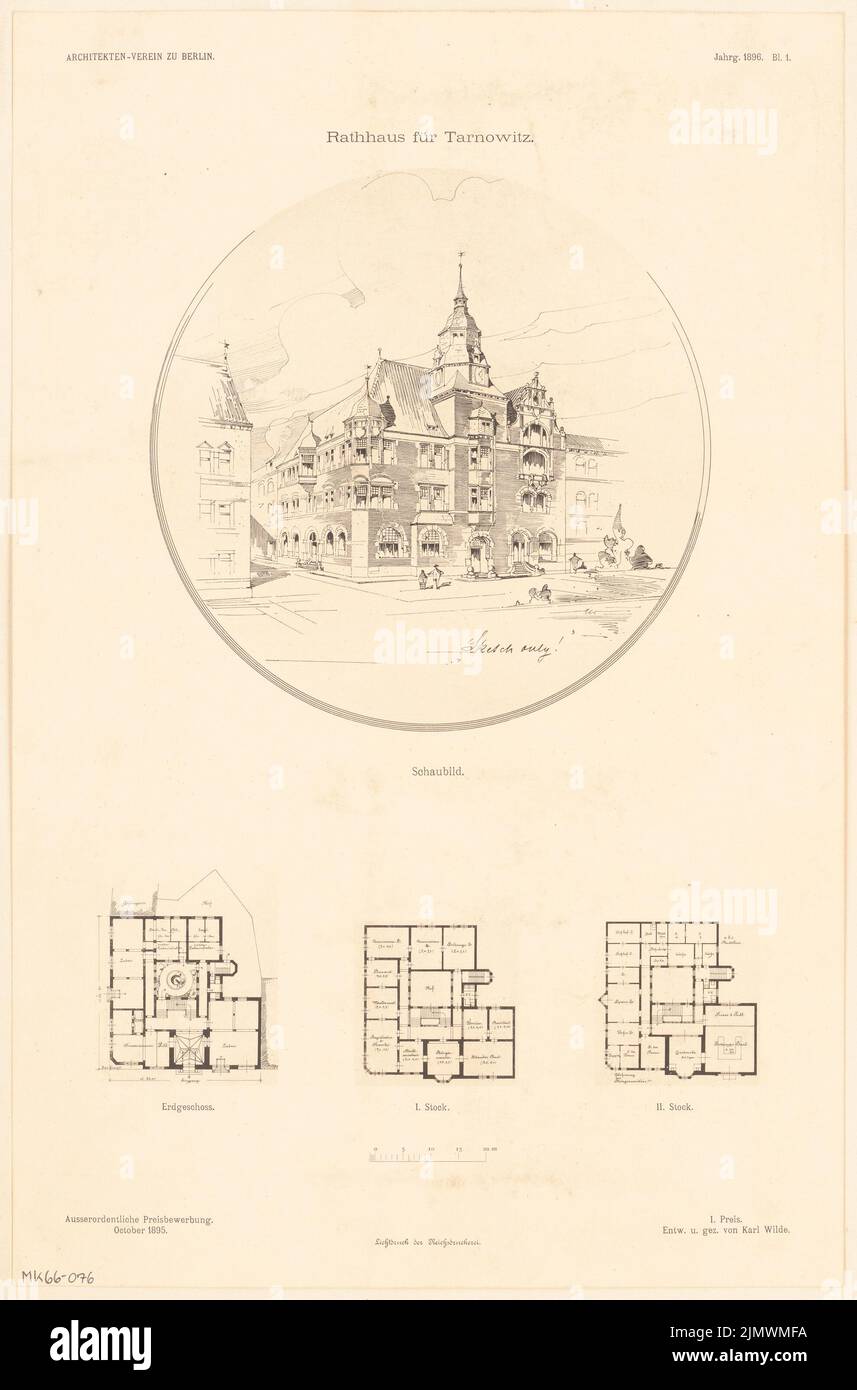 Wilde Karl (né en 1862), hôtel de ville de Tarnowitz. Compétition mensuelle du 1895 octobre (10,1895) : plan d'étage rez-de-chaussée, 1st et 2nd étages, vue perspective; barre d'échelle. Légère pression sur le papier, 45,8 x 30,2 cm (y compris les bords de numérisation) Wilde Karl (geb. 1862): Rathaus, Tarnowitz. Monatskonkurrenz Oktober 1895 Banque D'Images