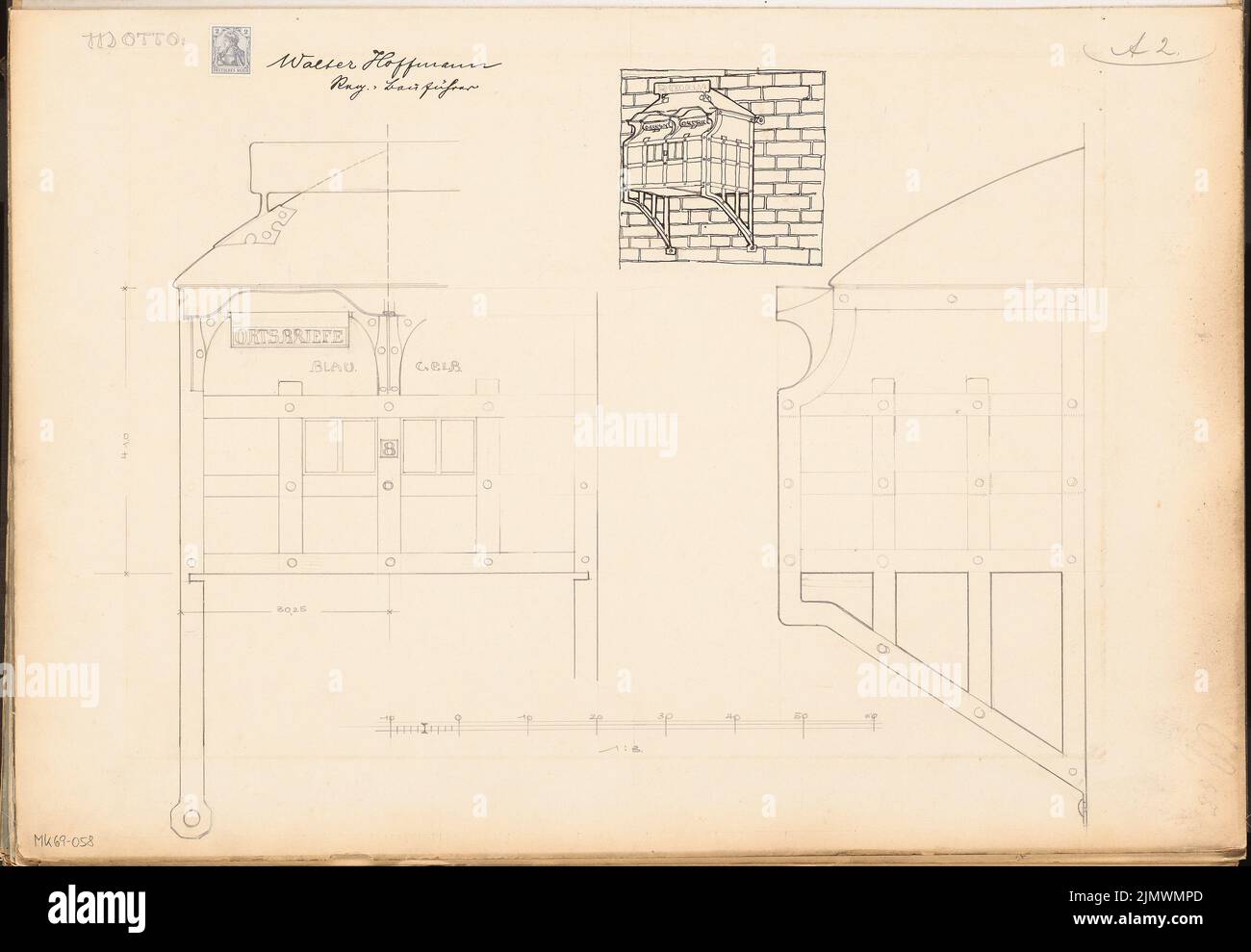 Hoffmann Walter, double boîte aux lettres pour le Reichspast. Compétition mensuelle Mars 1903 (03,1903): RISS vue avant, coupe transversale, vue perspective 1: 3; barre d'échelle. Crayon et encre sur carton, 41,6 x 60,2 cm (y compris les bords de balayage) Hoffmann Walter : Doppelbrickasten für die Reichspast. Monatskonkurrenz März 1903 Banque D'Images