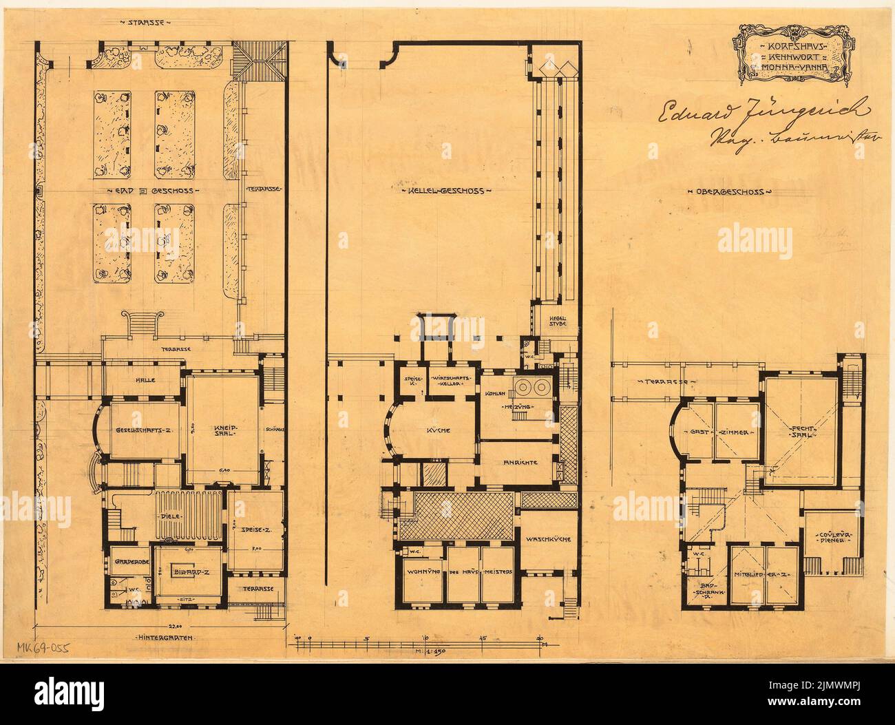 Jeune Eduard (1872-1935), maison de corps. Compétition mensuelle en janvier 1903 (01,1903): Plan du site avec plan d'étage rez-de-chaussée, sous-sol, étage supérieur 1: 150; barre d'échelle. Crayon sur transparent, 38 x 51,3 cm (y compris les bords du scan) Jüngerich Eduard (1872-1935): Korpshaus. Monatskonkurrenz Januar 1903 Banque D'Images