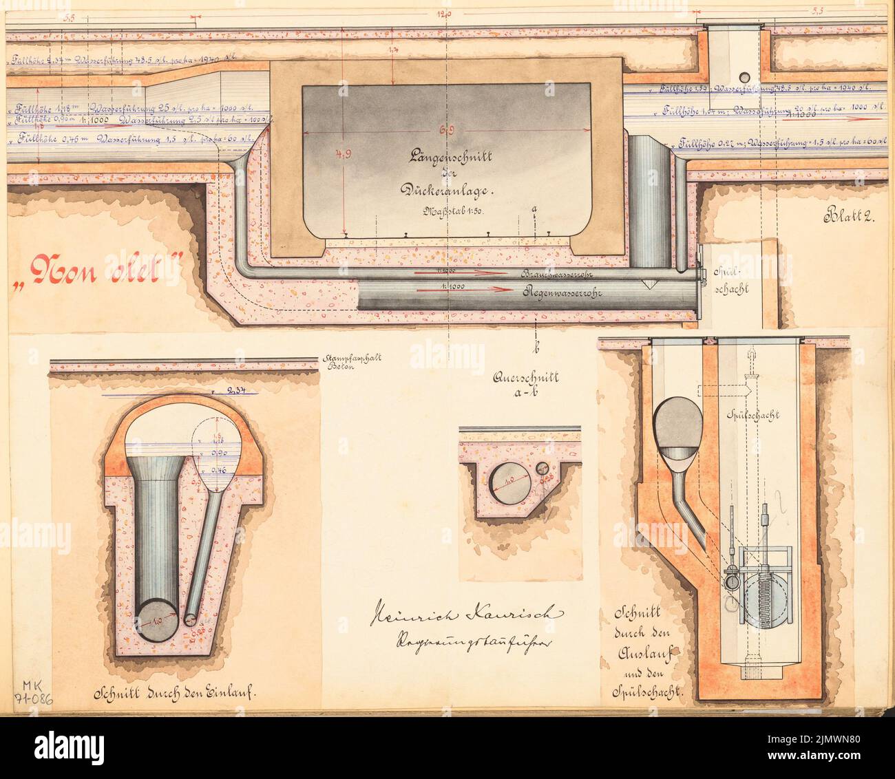 Kaurisch Heinrich, Düker. Concours mensuel 1907 février (02,1907) : section longitudinale, 2 sections transversales. Tuche aquarelle sur la boîte, 33,8 x 42,2 cm (y compris les bords de balayage) Kaurisch Heinrich : Düker. Monatskonkurrenz février 1907 Banque D'Images