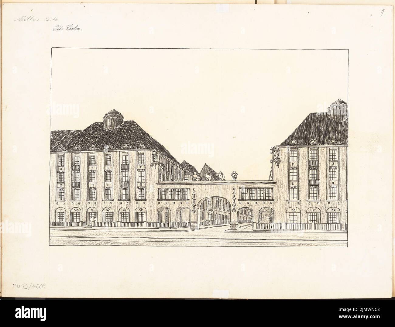Zieler Otto (1882-1921), construction de buts à Berlin-Steglitz. Concours mensuel octobre 1908 (10,1908): Perspective View. Encre et crayon sur carton, 51 x 67,2 cm (y compris les bords de balayage) Zieler Otto (1882-1921): Torbau, Berlin-Steglitz. Monatskonkurrenz Oktober 1908 Banque D'Images