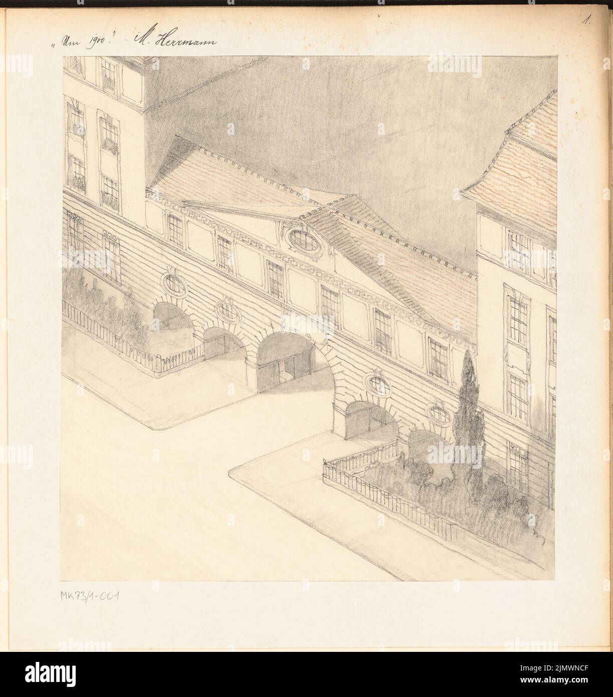 Herrmann R. Martin (1871-1926), construction de buts à Berlin-Steglitz. Concours mensuel octobre 1908 (10,1908): Perspective View. Crayon et crayon de couleur sur papier, 42,2 x 39,8 cm (y compris les bords de numérisation) Herrmann Martin Richard (1871-1926): Torbau, Berlin-Steglitz. Monatskonkurrenz Oktober 1908 Banque D'Images