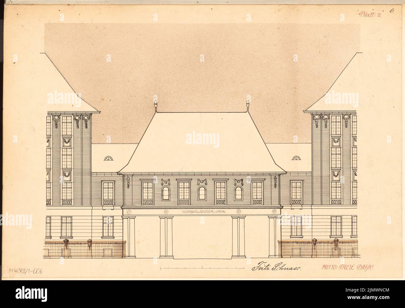 Schnass Fritz (né en 1879), bâtiment de la porte à Berlin-Steglitz. Compétition mensuelle du 1908 octobre (10,1908) : vue sur la rue Riß ; barre d'échelle. Tusche aquarelle sur la boîte, 33,2 x 48,1 cm (y compris les bords de balayage) Schnass Fritz (geb. 1879): Torbau, Berlin-Steglitz. Monatskonkurrenz Oktober 1908 Banque D'Images