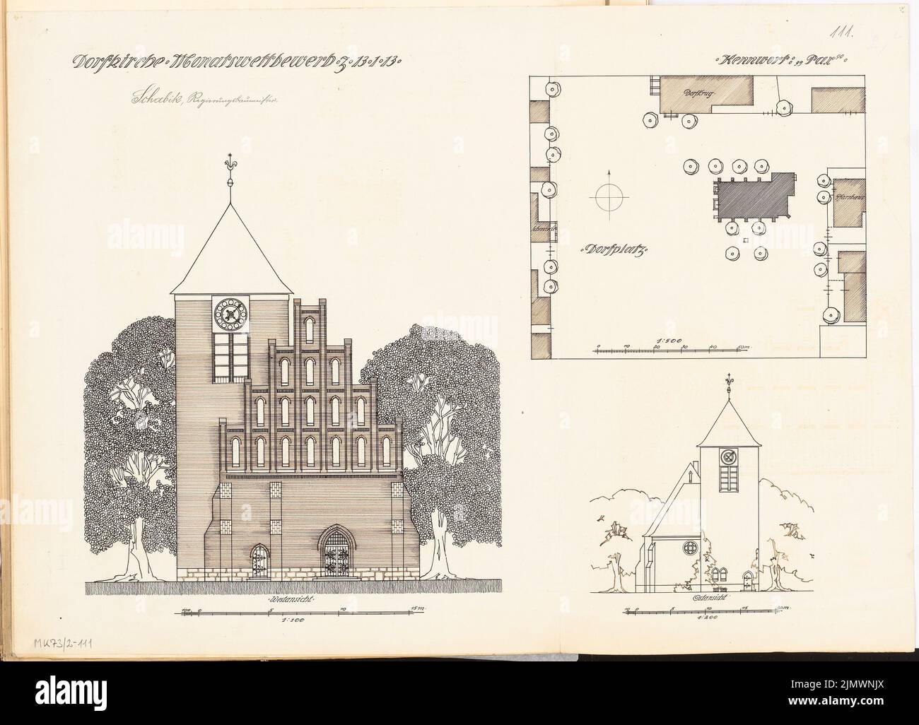 Schabik Carl (né en 1882), église du village évangélique. Compétition mensuelle janvier 1913 (01,1913): Département 1: 500; vue du Haut-Ouest 1: 100, vue de l'Ostern 1: 200; 3 bandes d'échelle. Encre sur lin, 47,4 x 65,9 cm (y compris les bords de numérisation) Schabik Carl (geb. 1882): Evangelische Dorfkirche. Monatskonkurrenz Januar 1913 Banque D'Images