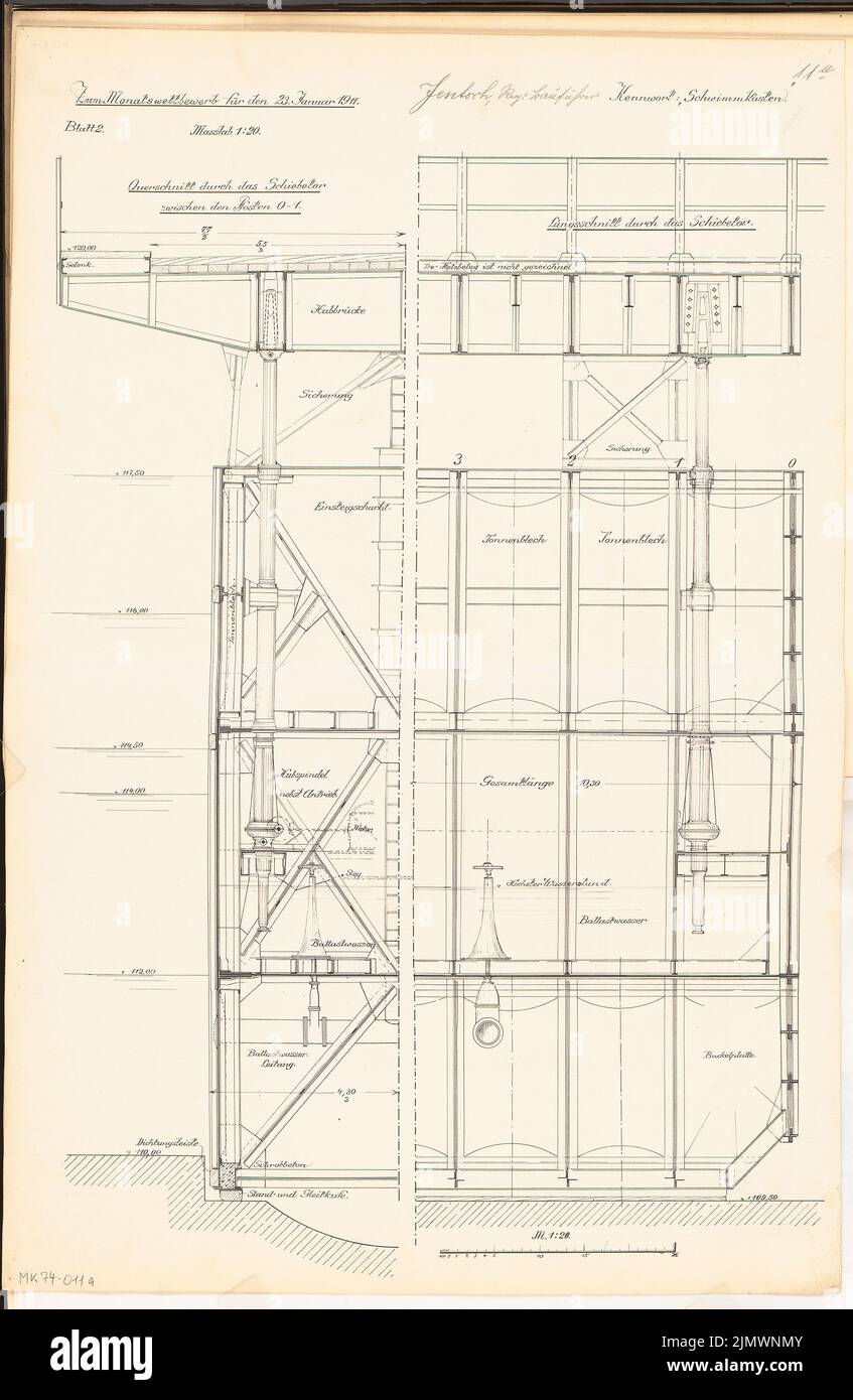 Jentsch Hermann (1882-1925), rue au-dessus d'une écluse de chambre. Compétition mensuelle janvier 1911 (01,1911): Hubbrücke: Section longitudinale, section transversale 1:20; barre d'échelle. Encre sur carton, 71,8 x 46,8 cm (y compris les bords de balayage) Jentsch Hermann (1882-1925): Straße über eine Kammerschleuse. Monatskonkurrenz Januar 1911 Banque D'Images