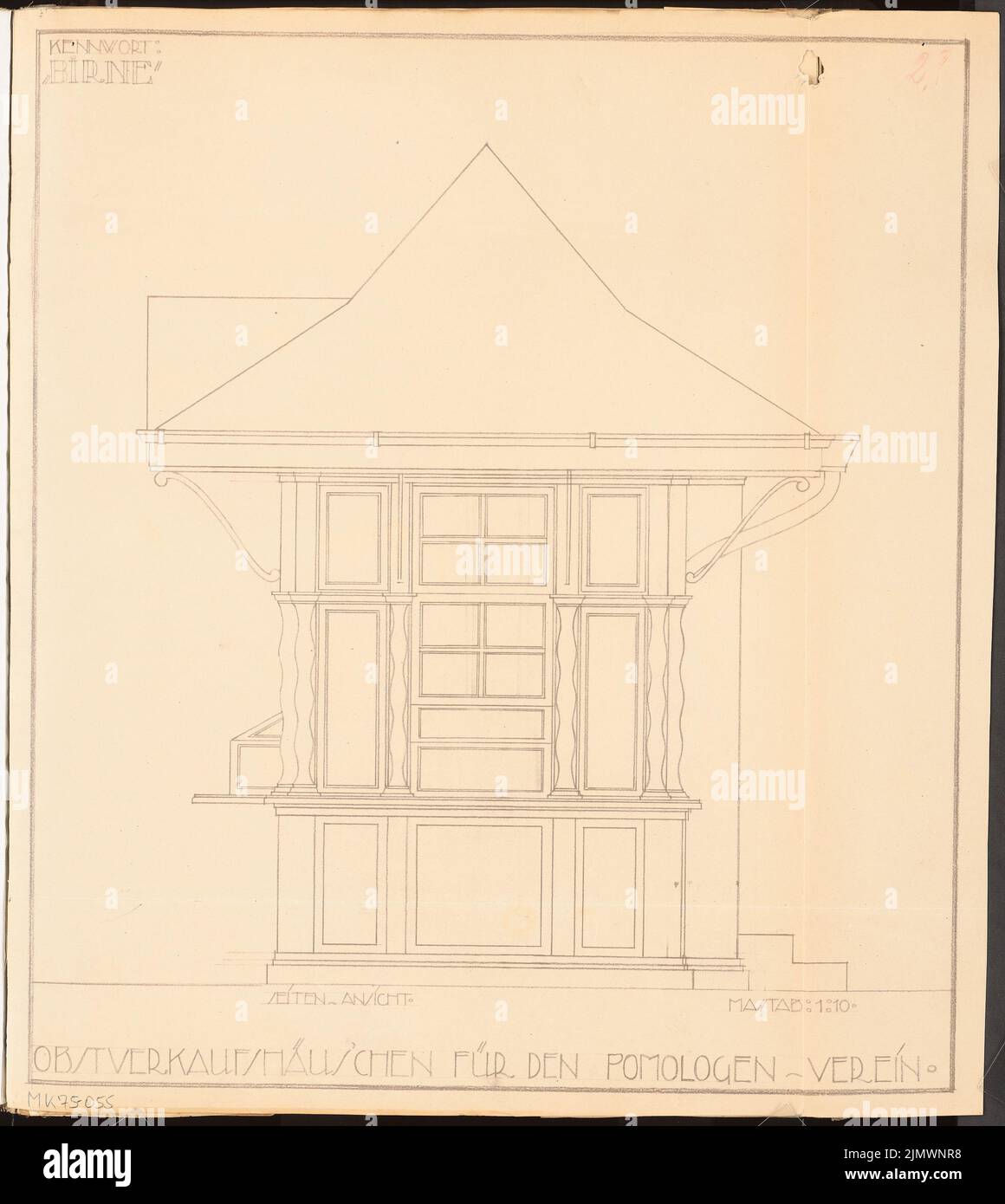 Virck Friedrich Wilhelm (1883-1926), maison de vente de fruits. Compétition mensuelle Mai 1914 (05,1914): Vue du dessus 1:10. Pause légère sur papier, 60,2 x 53,7 cm (y compris les bords de balayage) Virck Friedrich Wilhelm (1883-1926): Obstverkaufshäuschen. Monatskonkurrenz Mai 1914 Banque D'Images