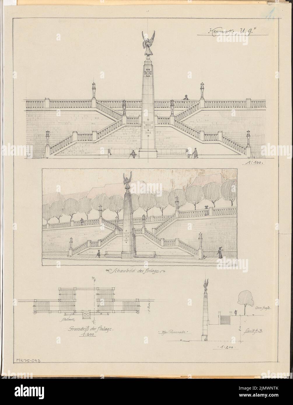 Hermann Hans-Paul (né en 1882), escalier de banque avec monument. Compétition mensuelle février 1915 (02,1915): Plan d'étage, section transversale 1: 200; Rising longitudinal View 1: 100; perspective View. Crayon et crayon de couleur sur papier, 59,6 x 46,1 cm (y compris les bords de numérisation) Hermann Hans-Paul (geb. 1882): Ufertreppenanlage mit Denkmal. Monatskonkurrenz février 1915 Banque D'Images