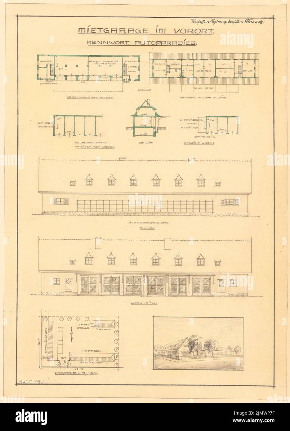 Knaack Ernst, garage de location dans la banlieue. Compétition mensuelle le 1925 février (02,1925): Plan d'étage rez-de-chaussée des 3 immeubles de garage, plan d'étage étage étage étage étage étage étage 1: 200; vue sur la rue Riß, vue sur la cour 1: 100; section longitudinale 1: 200; perspective. Encre sur carton, 62,6 x 45 cm (y compris les bords de balayage) Knaack Ernst : Mietgarage im Vorort. Monatskonkurrenz février 1925 Banque D'Images