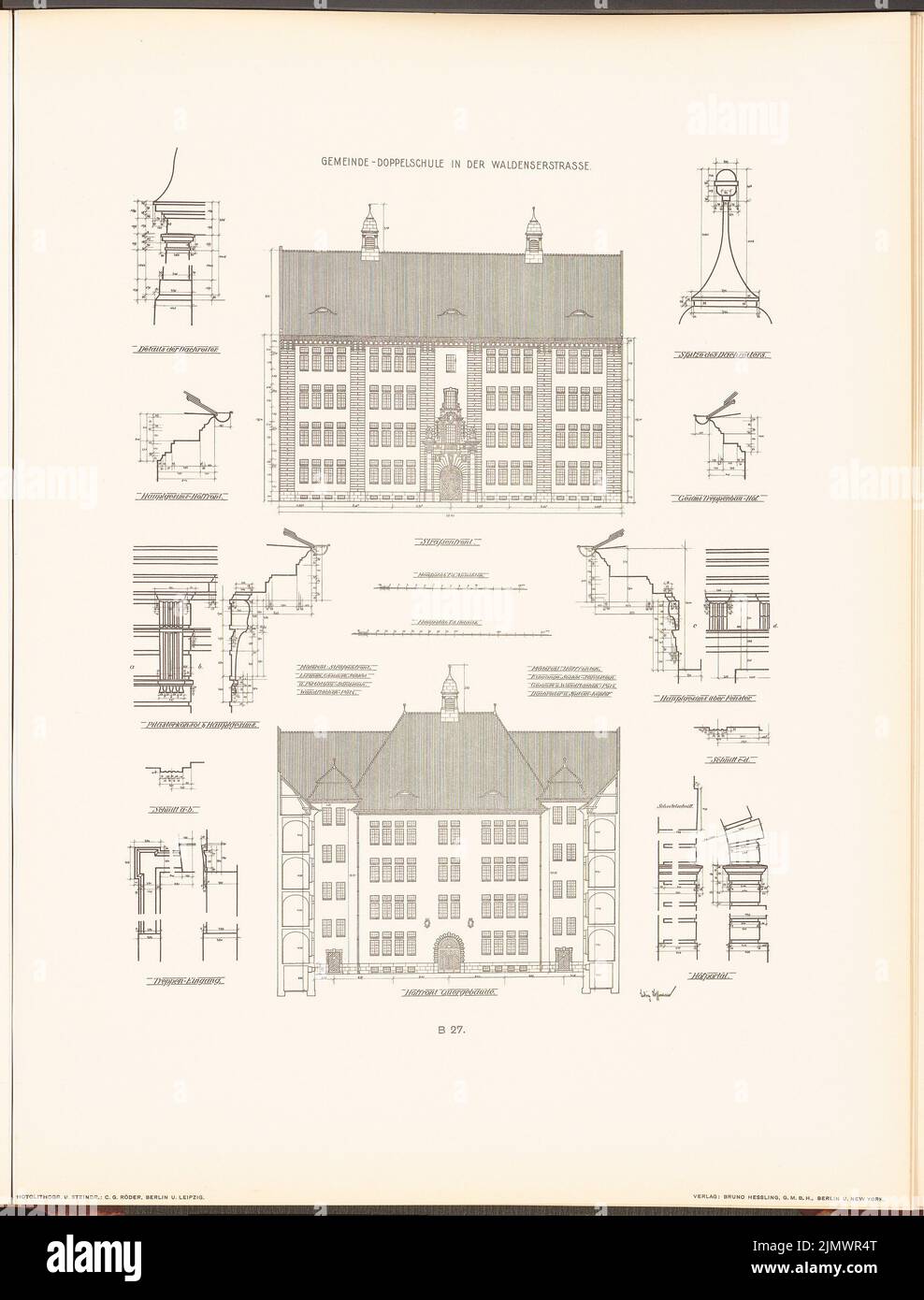 Hoffmann Ludwig (1852-1932), (pas encore enregistré) (1904): Pas encore enregistré (L.H., nouveaux bâtiments de la ville de Berlin, vol. III). Pression sur papier, 51,7 x 39,3 cm (y compris les bords de balayage) Hoffmann Ludwig (1852-1932): Gemeindeschule Waldenserstraße, Berlin. (AUS: Neubauten der Stadt Berlin, BD III, 1904) Banque D'Images