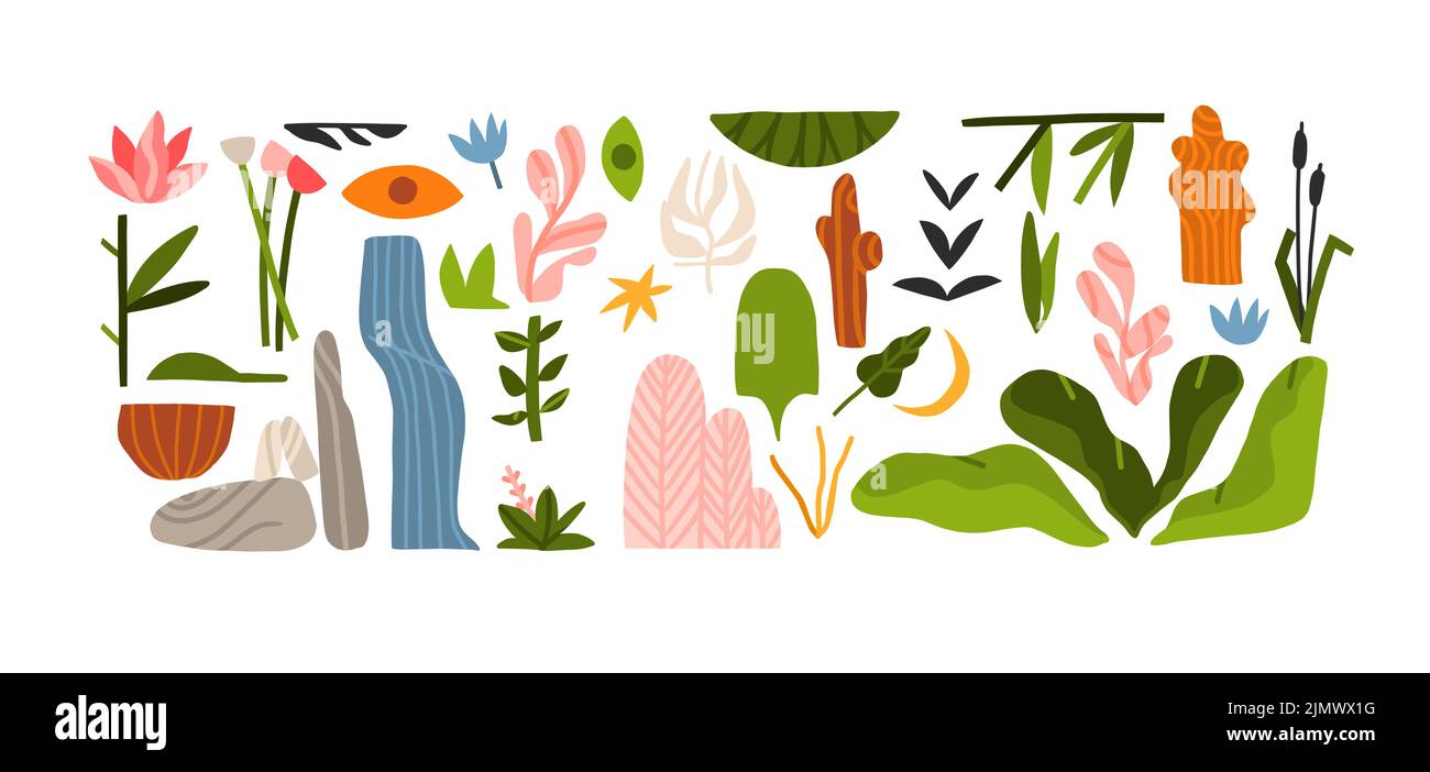 Dessin à la main vecteur abstrait graphique clipart illustrations collection ensemble de composition avec boho abstrait formes de nature de fleurs et Illustration de Vecteur