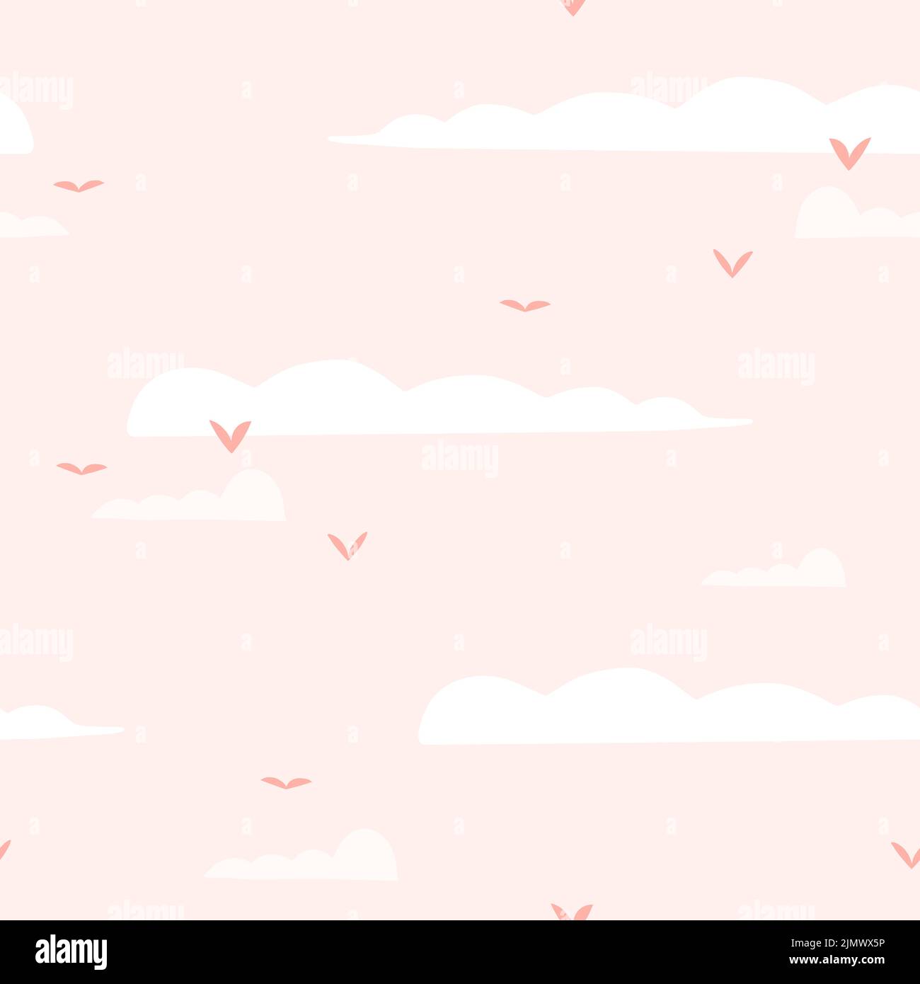 Dessin à la main vecteur abstrait graphique clipart illustrations modèle de composition sans couture avec formes abstraites de boho de nuages et ciel rose avec vol Illustration de Vecteur
