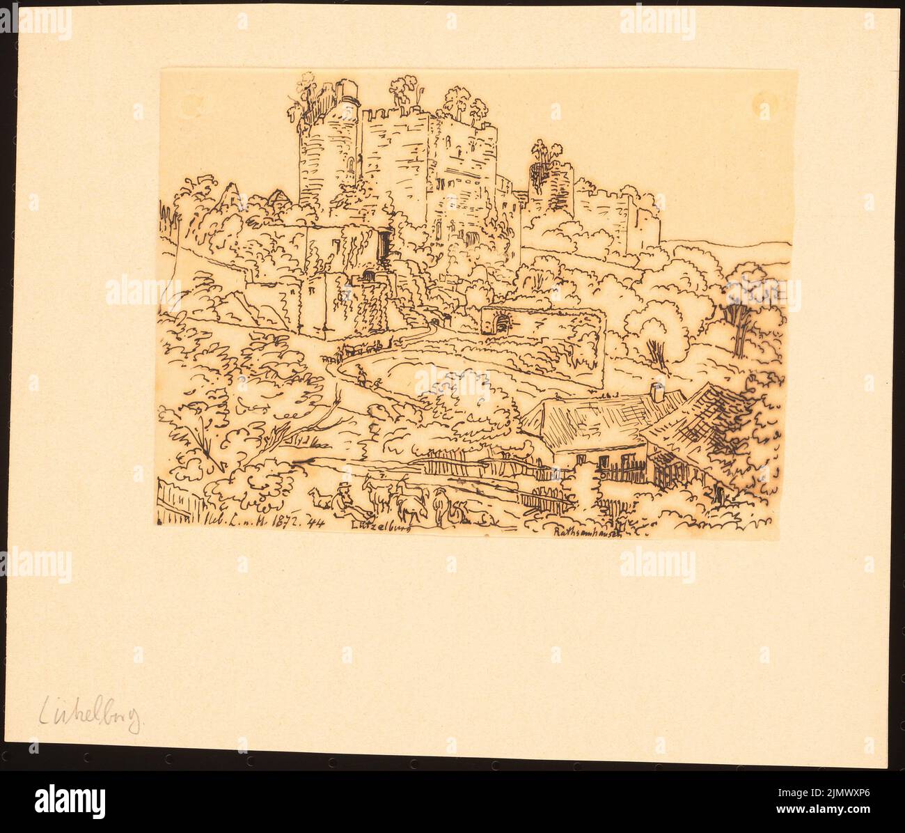 Quast Ferdinand von (1807-1877), Lützelburg et le château de Rathsamhausen (Ottrotter Schlösser) à Ottrott/Alsace (1872) : vue personnelle des deux ruines de la vallée, après : à propos de la Terre et Meer, 1872, p. 44. Tusche sur transparent, 22,8 x 26,7 cm (y compris les bords de balayage) Quast Ferdinand von (1807-1877): Lützelburg und die Burg Rathsamhausen (Ottrotter Schlösser), Ottrott Banque D'Images