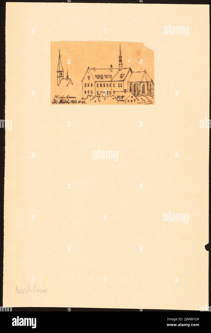 Quast Ferdinand von (1807-1877), Monastère de Niederbronn (1871): Contrôle: Vue de perspective et tour d'église, selon: Ilustrirte Zeitung, 1871, p. 189, no 32. Tusche sur transparent, 25,3 x 17,2 cm (y compris les bords de balayage) Quast Ferdinand von (1807-1877): Kloster, Niederbronn Banque D'Images