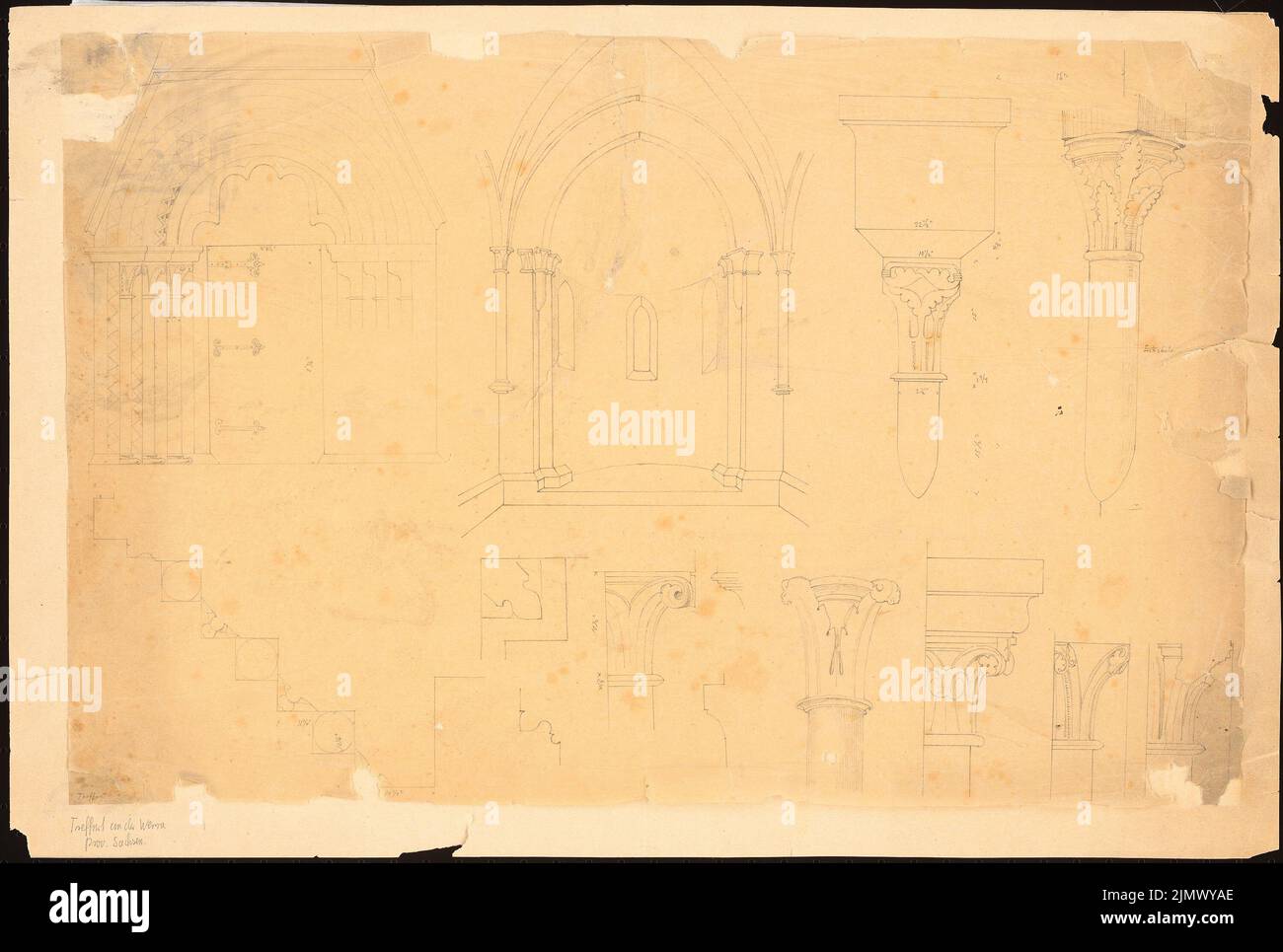 Quast Ferdinand von (1807-1877), Eglise de Treffurt an der Werra (sans date): Nombreux détails: Vue de portail et plan d'étage, vue perspective de niche, détails de gros et coupes. Crayon sur transparent, 37,2 x 55,2 cm (y compris les bords de balayage) Quast Ferdinand von (1807-1877): Kirche, Treffurt Banque D'Images