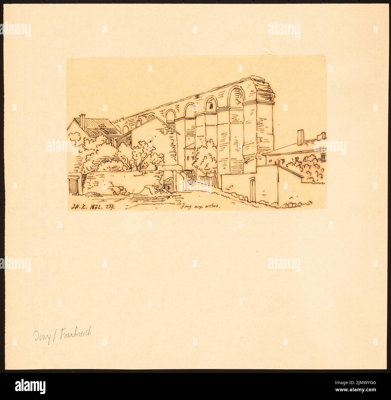Quast Ferdinand von (1807-1877), pipe à eau romaine à Jouy-aux-Arches, Lorraine (1872): Vue en perspective de l'aqueduc, selon Ilustrirte Zeitung, 1872, p. 237?. Encre sur transparent, 25,7 x 26,9 cm (y compris les bords de balayage) Quast Ferdinand von (1807-1877): Römische Wasserleitung, Jouy-aux-Arches Banque D'Images