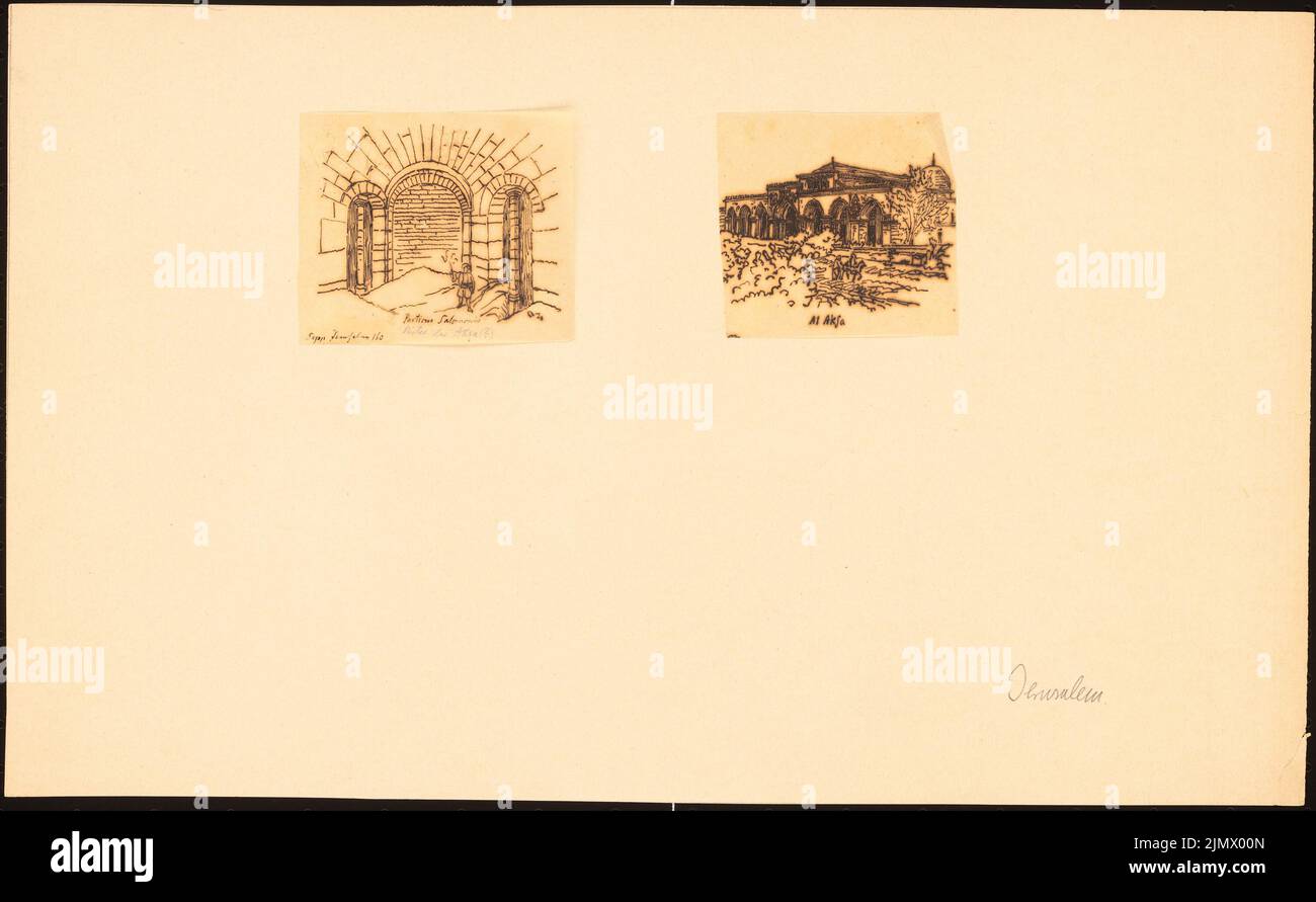 Quast Ferdinand von (1807-1877), Porticus Salomonis et la mosquée Al Aqsa à Jérusalem (sans dat.): Deux feuilles (à travers des dessins): Vue de l'entrée (ancienne Marienkirche 'notre épouse') et vue de l'extérieur de la perspective. Encre sur transparent, 25,4 x 41,2 cm (y compris les bords de balayage) Quast Ferdinand von (1807-1877): Porticus Salomonis und Al Aqsa Moschee, Jérusalem Banque D'Images