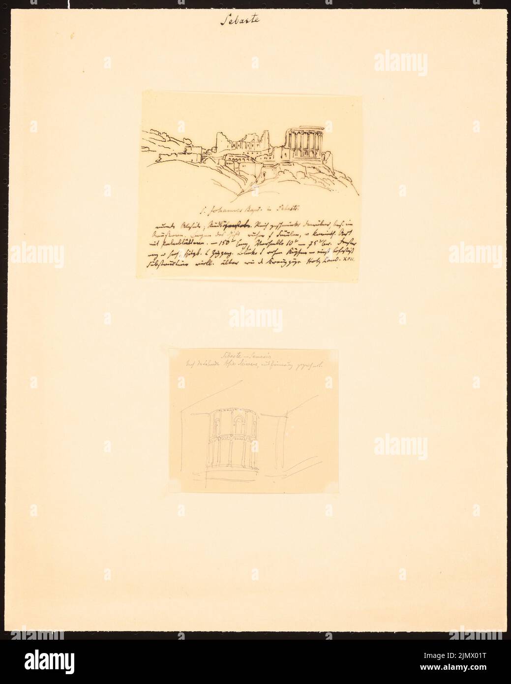 Quast Ferdinand von (1807-1877), Église Saint-Jean-Baptiste et vue d'un chœur? À Samarie/Sebasten (après 1849) : vue personnelle de la ruine, encolure après une gravure en acier par David Roberts, Terre Sainte XVII (1842-49), et vue d'un cho. Encre sur papier transparent, crayon sur papier, 35,7 x 28,6 cm (y compris les bords de balayage) Quast Ferdinand von (1807-1877): Kirche des St. Johannes des Täufers und Ansicht eines chores (?), Samarie Banque D'Images