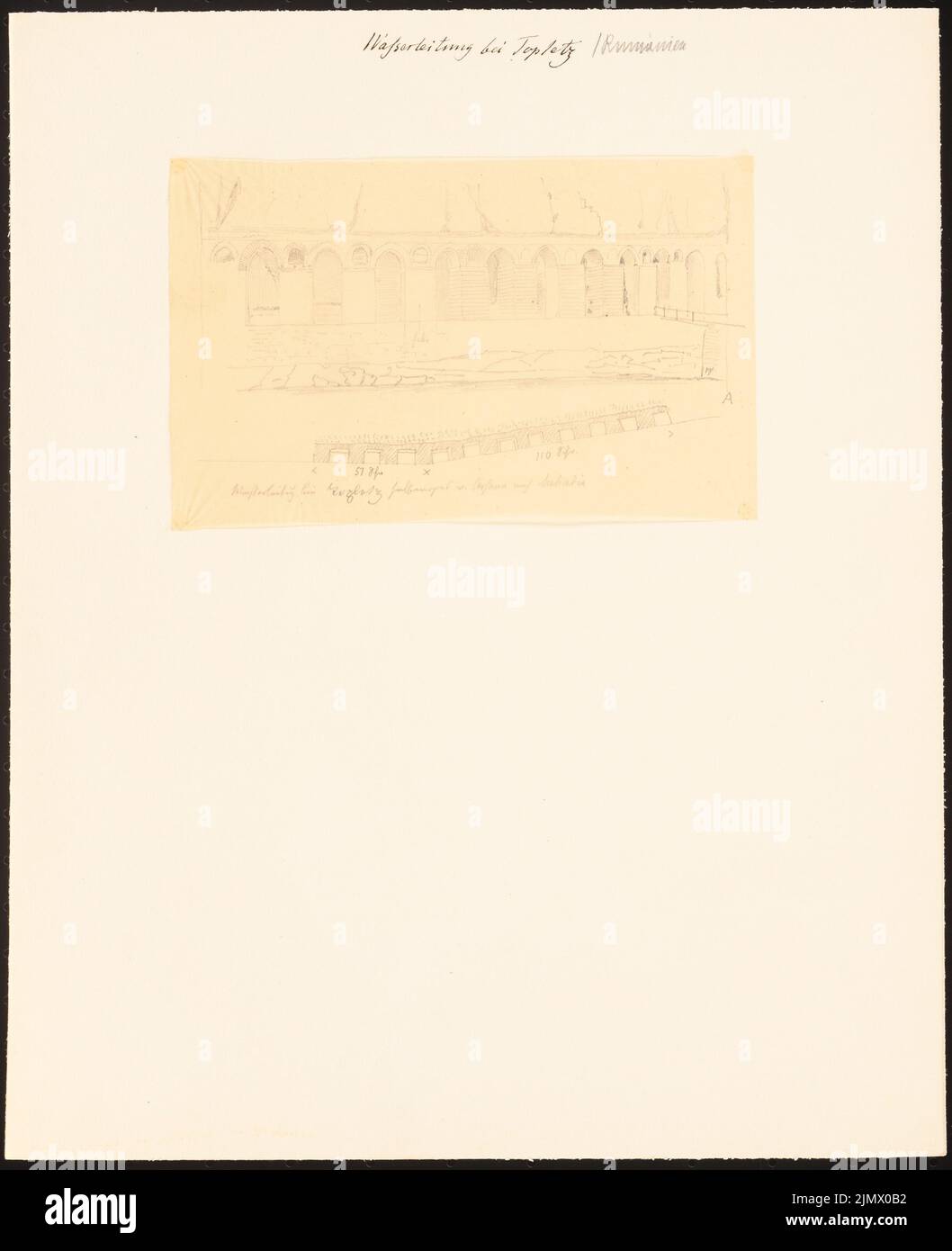 Quast Ferdinand von (1807-1877), tuyau d'eau romain à Topletz en Roumanie (sans dat.): Vue en perspective, section longitudinale, dimensions. Crayon sur transparent, 35,1 x 28,6 cm (y compris les bords de balayage) Quast Ferdinand von (1807-1877): Römische Wasserleitung, Topletz Banque D'Images