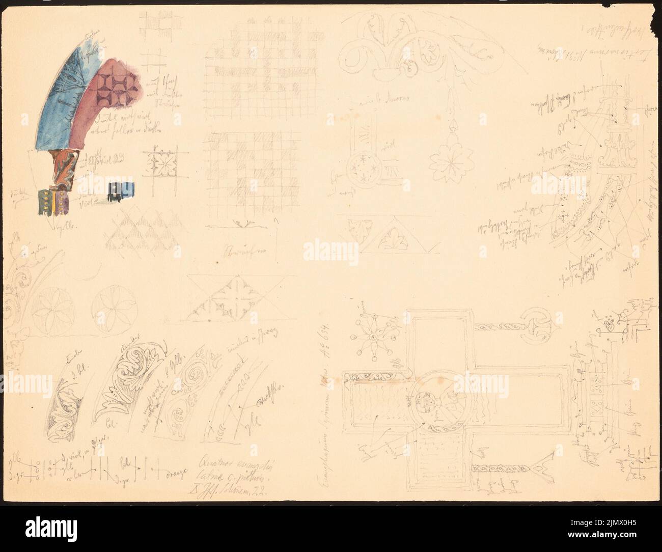 Quast Ferdinand von (1807-1877), ornement de livre de divers evangeliaries à Wolfenbüttel? (Sans DAT.): Nombreuses esquisses détaillées mosaïques, ornements de: Quatuor Evangelia, X. Century, Schönemann, 22, croix de: Evangelarium syriacum Vetus, A. 634, pilier. Crayon aquarelle sur papier, 18,3 x 24 cm (y compris les bords de balayage) Quast Ferdinand von (1807-1877): Buchornamentik aus verschiedenen Evangeliarien, Wolfenbüttel (?) Banque D'Images