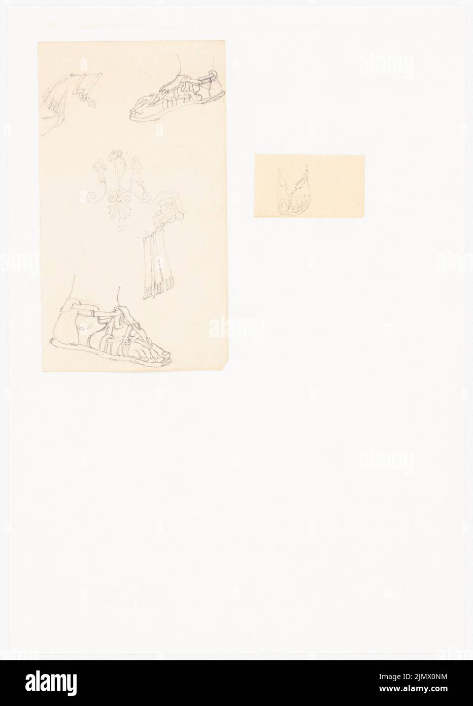 Quast Ferdinand von (1807-1877), pieds à l'orteil sandales et détails de robes roumains magnifiques (sans dat.): Détails de différents style romain et détails ornementaux des robes (deux feuilles avec courants d'air ultérieurs sur la terre et. Crayon sur papier, 30, 30, 3 x 21,7 cm (y compris les bords de balayage) Quast Ferdinand von (1807-1877): Füße in Zehensandalen und Détails rumänischer Prachtgewänder Banque D'Images