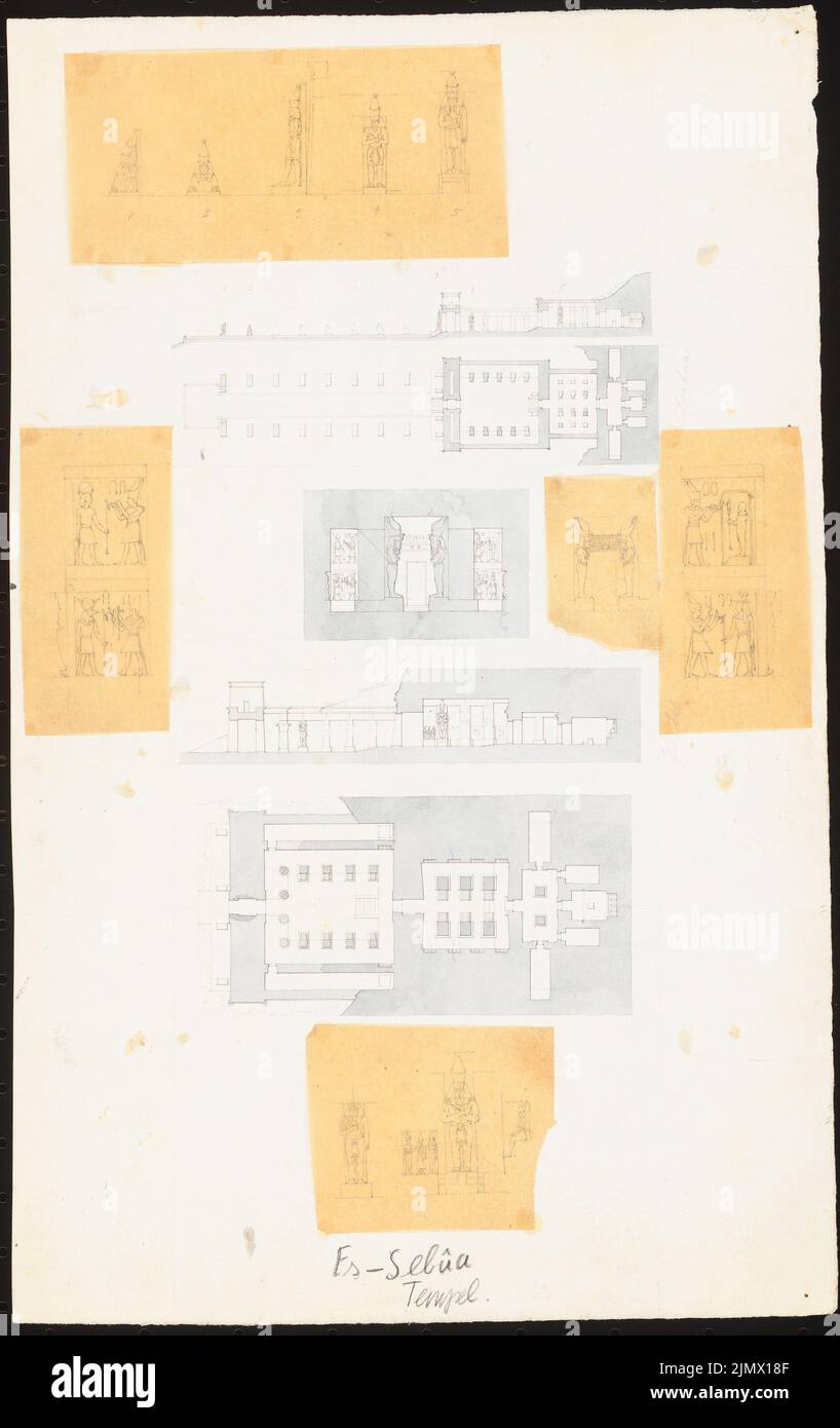 Quast Ferdinand von (1807-1877), temple de roche dans le Wadi es-Sebua (»Tal der Löwen«) (sans DAT.) : Plan d'étage total et coupe globale du Ramses II, plan d'étage et coupe de l'hémisphère, larmes des statues et reliefs (cinq crayons transparents quotidiens sur papier transparent, crayon et encre, partiellement gris lavé, 34,2 x 21,5 cm (y compris les bords de balayage) Quast Ferdinand von (1807-1877) : Feldsentempel im Wadi es-Sebua (« Tal der Löwen ») Banque D'Images