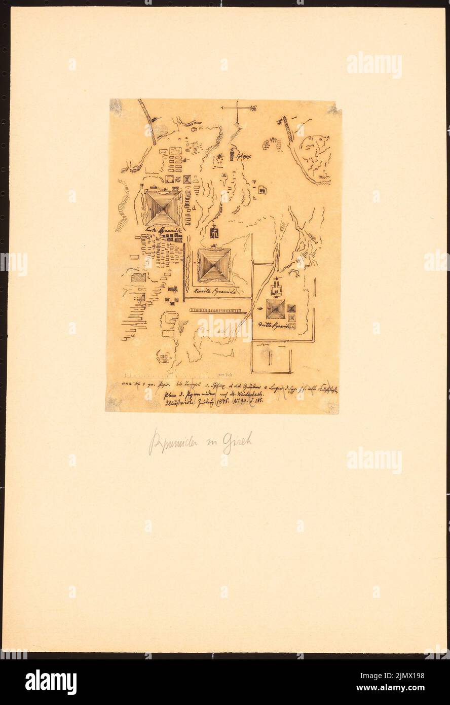 Quast Ferdinand von (1807-1877), Pyramidfeld à Gizeh (1845): Plan de situation avec description, barre d'échelle (après ou par le dessin selon M. Weidenbach, participant à l'expédition royale prussienne selon une encre de tous les jours sur des bannières, 38,5 x 26,3 cm (y compris les bords de balayage) Quast Ferdinand von (1807-1877): Pyramidenfeld, Gizeh Banque D'Images