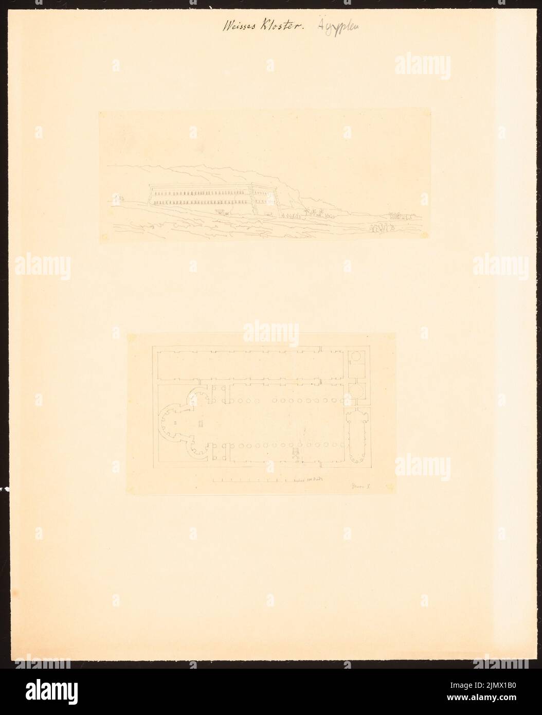 Quast Ferdinand von (1807-1877), monastère blanc ad-deir al-Abyad à l'ouest de Sohag en Égypte (sans date): Vue en perspective, plan d'étage, échelle (après- ou par des noms selon Denon X). Crayon sur transparent, 35,3 x 28,7 cm (y compris les bords de balayage) Quast Ferdinand von (1807-1877): Weißes Kloster ad-Deir al-Abyad westlich von Sohag Banque D'Images