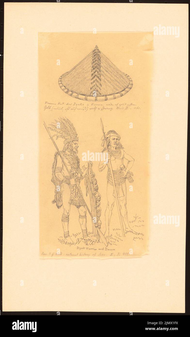 Quast Ferdinand von (1807-1877), Dayak/Dajak Warrior et Dusum ainsi que Frauenhut de Rattan on Bornan (sans date): Vue des deux hommes dans les puissances de la guerre et le chapeau avec des détails de couleur (création selon J.G. Bois, Histoire naturelle de l'Homme II, 4th crayon sur transparent, 30,1 x 18,2 cm (y compris les bords de balayage) Quast Ferdinand von (1807-1877): Dayak/Dajak-Krieger und Dusum. Frauenhut aus Rattan auf Bornéo Banque D'Images