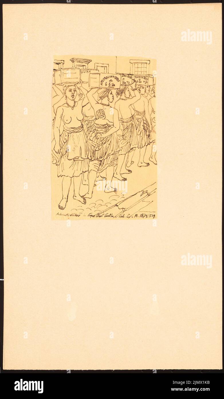 Quast Ferdinand von (1807-1877), femmes Askanti dans le château de Cape Coast (sans DAT.): Sur la tête des boîtes en bois, entre autres, avec l'inscription Australian Beef, une jeune femme portant un bébé dans le cadre arrière (suivi ou poussant NAC. Encre sur transparent, 30,3 x 18,3 cm (y compris les bords de balayage) Quast Ferdinand von (1807-1877): Askanti-Frauen im Cape Coast Castle Banque D'Images