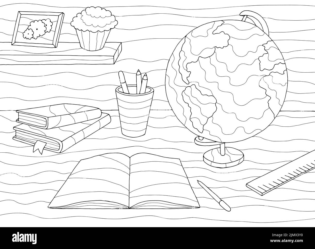 Schéma de coloriage de la table d'étude noir blanc à l'intérieur du vecteur d'illustration de l'esquisse Illustration de Vecteur