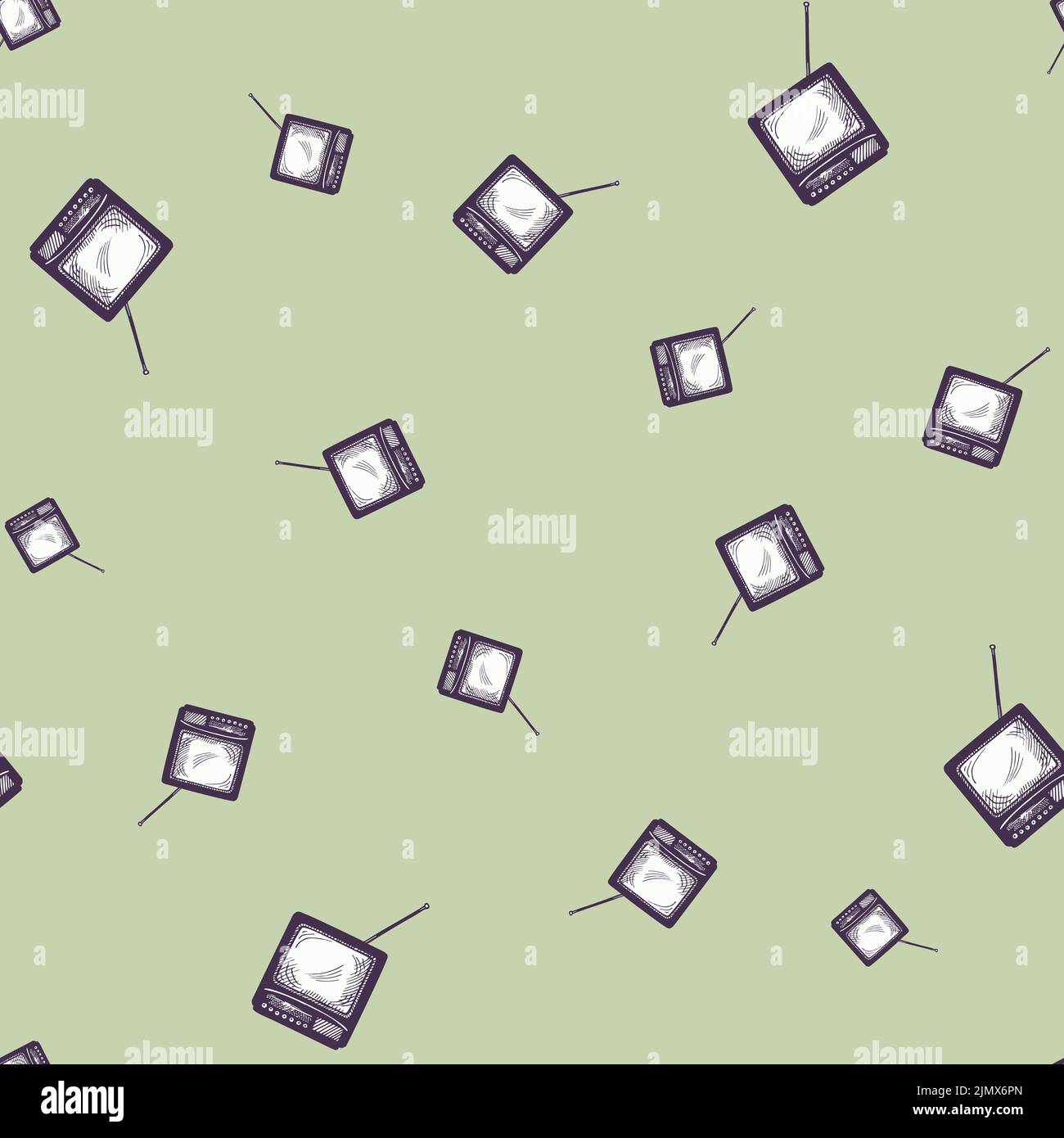 Téléviseur rétro avec antenne gravée sans couture. Téléviseur vintage de style dessiné à la main. Texture d'esquisse pour tissu, papier peint, textile, imprimé, titre, Illustration de Vecteur
