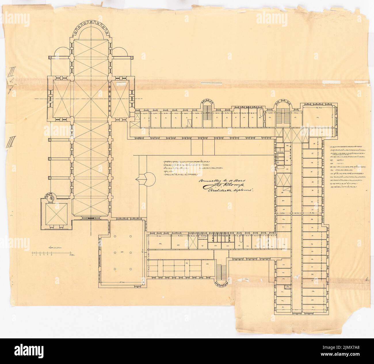 Klomp Johannes Franziskus (1865-1946), Abbaye de Benedectier, Ile Maurice, Clerf (Clervaux), Luxembourg (10.03.1908): Plan d'étage du deuxième étage (projet préliminaire 1st) 1: 100. Encre sur transparent, 88,2 x 97,6 cm (y compris les bords de balayage) Klomp Johannes Franziskus (1865-1946): Benedektinerabtei St. Maurice, Clerf (Clervaux) Banque D'Images