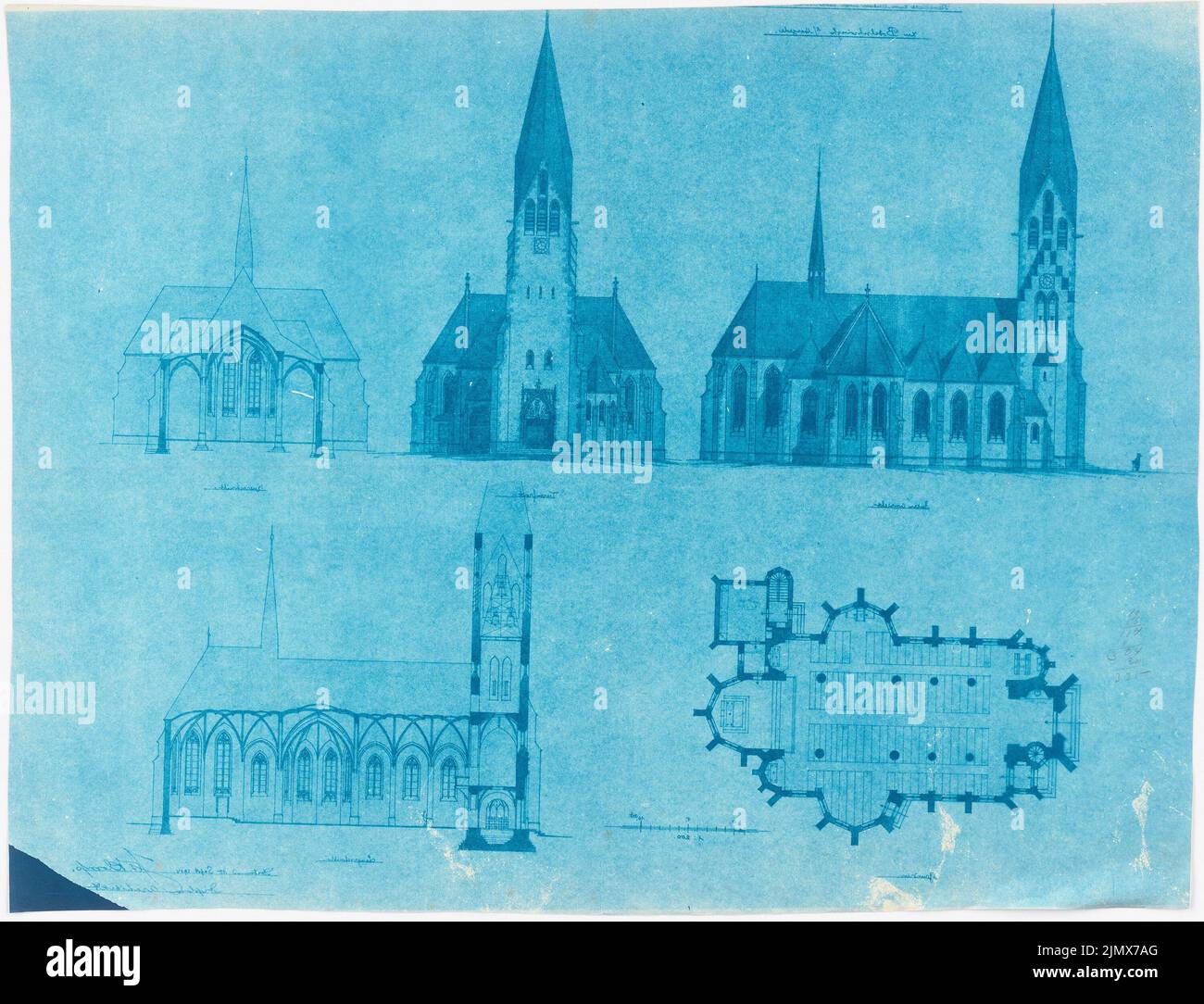 Klomp Johannes Franziskus (1865-1946), visite de Saint-Mariä, Dortmund-Bodelschwingh (15 septembre 1904): 2 vues, coupe transversale, section longitudinale, plan d'étage 1: 200. Photocalque sur papier (miroir), 48,5 x 63,3 cm (y compris les bords de balayage) Klomp Johannes Franziskus (1865-1946): St. Mariä Heimsuchung, Dortmund-Bodelschwingh Banque D'Images