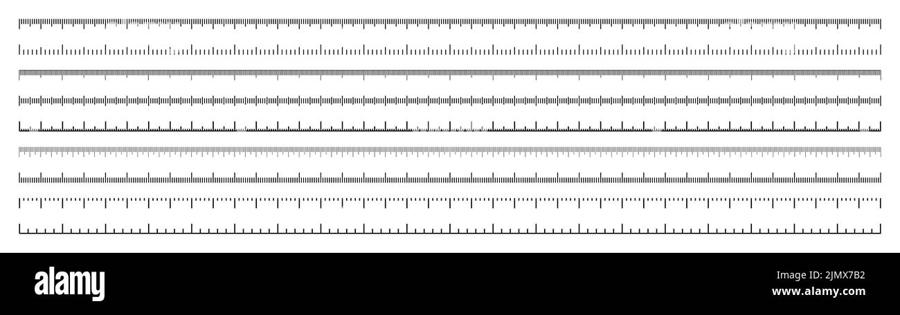 Diverses échelles de mesure avec divisions. Échelle longue réaliste pour mesurer la longueur ou la hauteur en centimètres, millimètres ou pouces. Règle, ruban Illustration de Vecteur