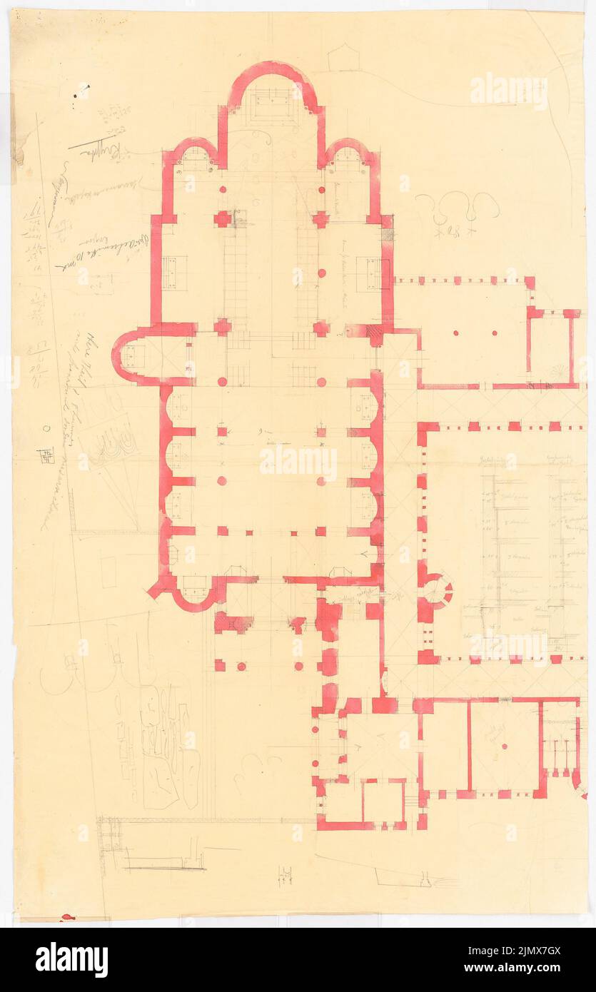 Klomp Johannes Franziskus (1865-1946), Abbaye de Benedectine Saint Maurice, Clerf (Cllervaux), Luxembourg (1908-1914) : plan d'étage de l'église et de la partie nord du monastère (1 : 100). Crayon aquarelle à transparente, 83,5 x 53,7 cm (y compris les bords de balayage) Klomp Johannes Franziskus (1865-1946): Benedektinerabtei St. Mauritius, Clerf (Clervaux) Banque D'Images