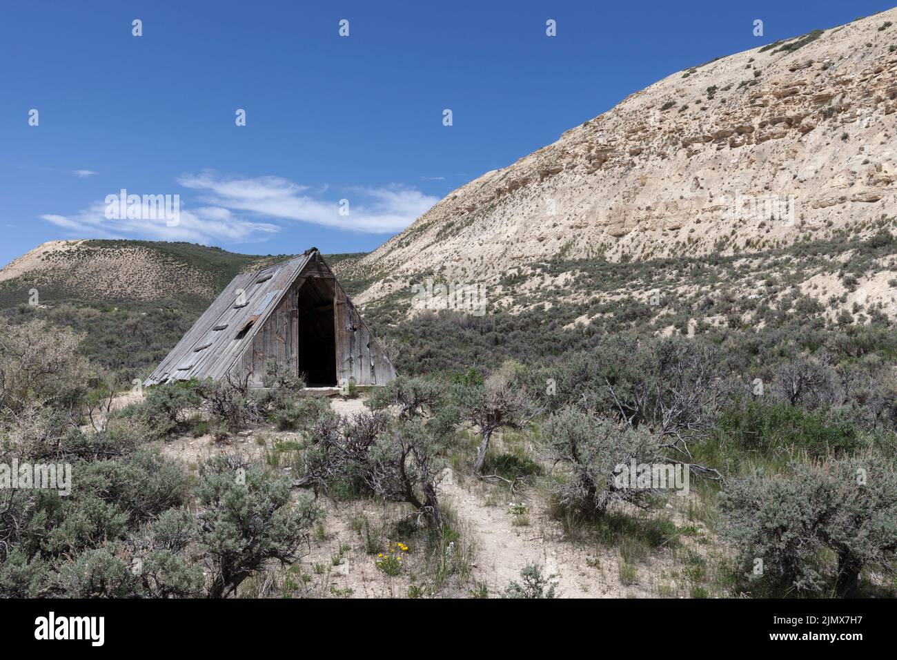 Shack utilisé par le chasseur de fossiles David Haddenham jusqu'à sa mort en 1968, tout en chapant des fossiles dans ce qui est maintenant le monument national de Butte fossile dans le Wyoming Banque D'Images