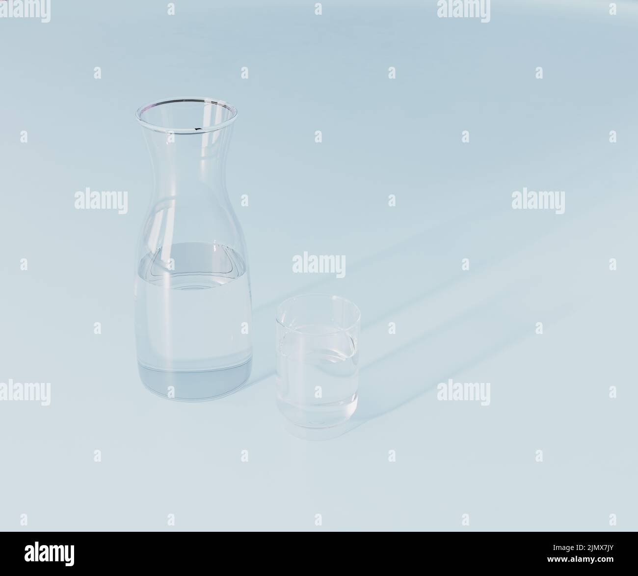 Carafe en verre et eau sur fond bleu clair, rendu 3D Banque D'Images