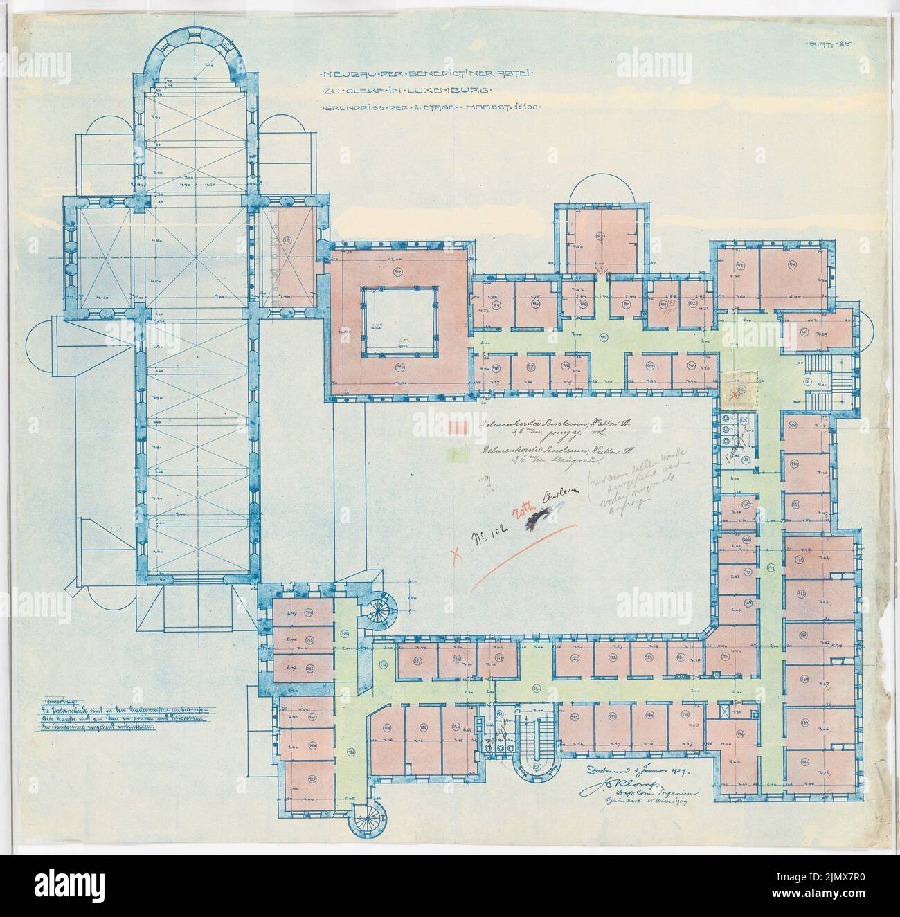 Klomp Johannes Franziskus (1865-1946), Abbaye de Benedectier, Ile Maurice, Clerf (Clervaux), Luxembourg (01.01.1909): Plan d'étage du deuxième étage (plancher) 1: 100. Encre, crayon, crayon de couleur aquarelle, au-dessus du plan sur papier, 73,3 x 77,2 cm (y compris les bords de numérisation) Klomp Johannes Franziskus (1865-1946): Benedektinerabtei St. Mauritius, Clerf (Clervaux) Banque D'Images