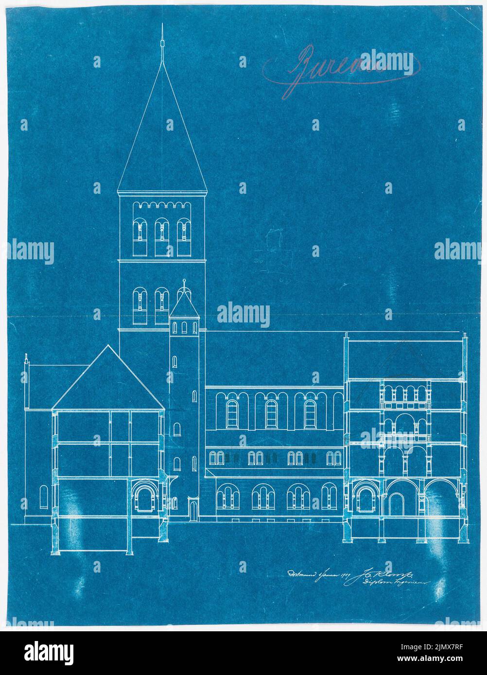 Klomp Johannes Franziskus (1865-1946), Abbaye de Benedectine Saint Maurice, Clerf (Cllervaux), Luxembourg (01.01.1909) : vue sur l'église et la tour du sud 1 : 100. Crayon sur papier, 71,6 x 55,2 cm (y compris les bords de numérisation) Klomp Johannes Franziskus (1865-1946): Benedektinerabtei St. Mauritius, Clerf (Clervaux) Banque D'Images