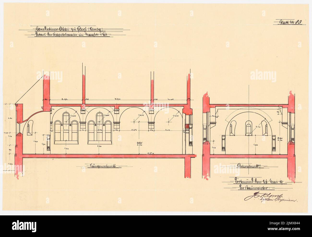 Klomp Johannes Franziskus (1865-1946), Abbaye de Benedectier Saint Maurice, Clerf (Clervaux), Luxembourg (21.05.1910) : détail de la salle de chapitre, longitudinal et transversal 1:50. Tusche aquarelle sur transparent, 38,5 x 55,8 cm (y compris les bords de balayage) Klomp Johannes Franziskus (1865-1946): Benedektinerabtei St. Mauritius, Clerf (Clervaux) Banque D'Images