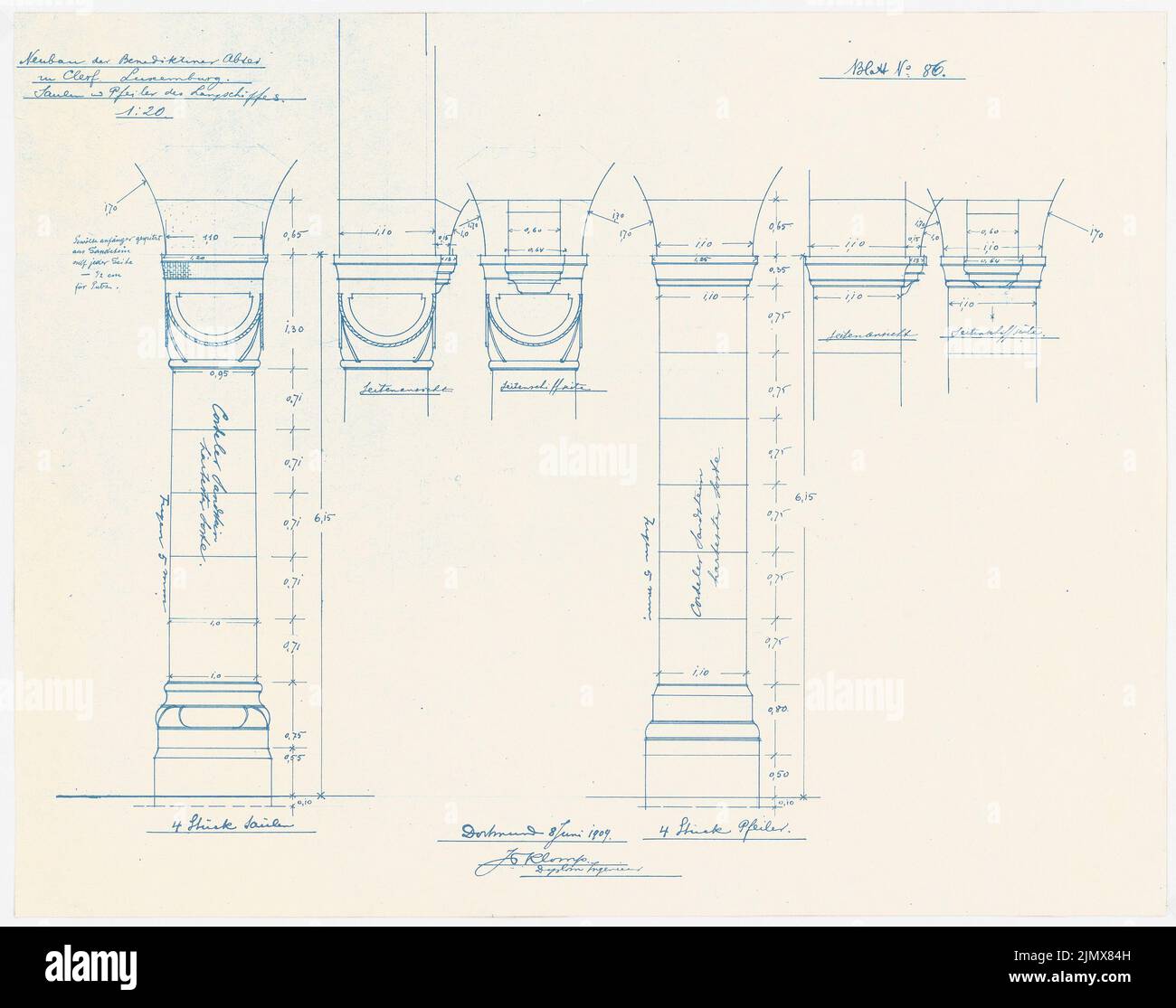 Klomp Johannes Franziskus (1865-1946), Abbaye de Benedectier, Saint Maurice, Clerf (Clervaux), Luxembourg (8 juin 1909) : colonnes et piliers du long navire, vues 1:20. Photocalque sur papier, 52,3 x 66,3 cm (y compris les bords de balayage) Klomp Johannes Franziskus (1865-1946): Benedektinerabtei St. Mauritius, Clerf (Clervaux) Banque D'Images