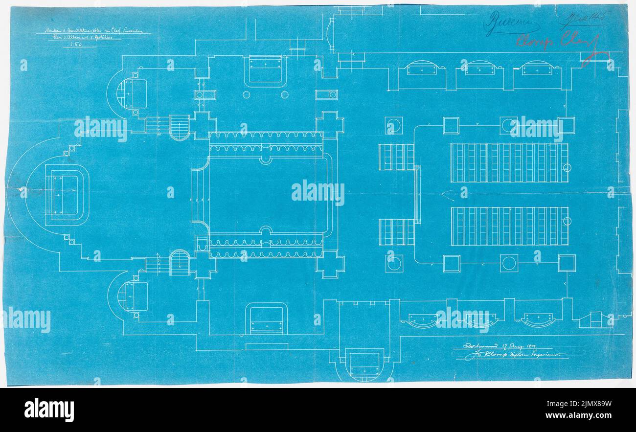 Klomp Johannes Franziskus (1865-1946), Abbaye de Benedectine Saint Maurice, Clerf (Cllervaux), Luxembourg (17.08.1909) : Plan des autels et des étals de chœur, plan d'étage du rez-de-chaussée de l'église 1:50. Photocalque sur papier, 60,3 x 98,8 cm (y compris les bords de balayage) Klomp Johannes Franziskus (1865-1946): Benedektinerabtei St. Mauritius, Clerf (Clervaux) Banque D'Images